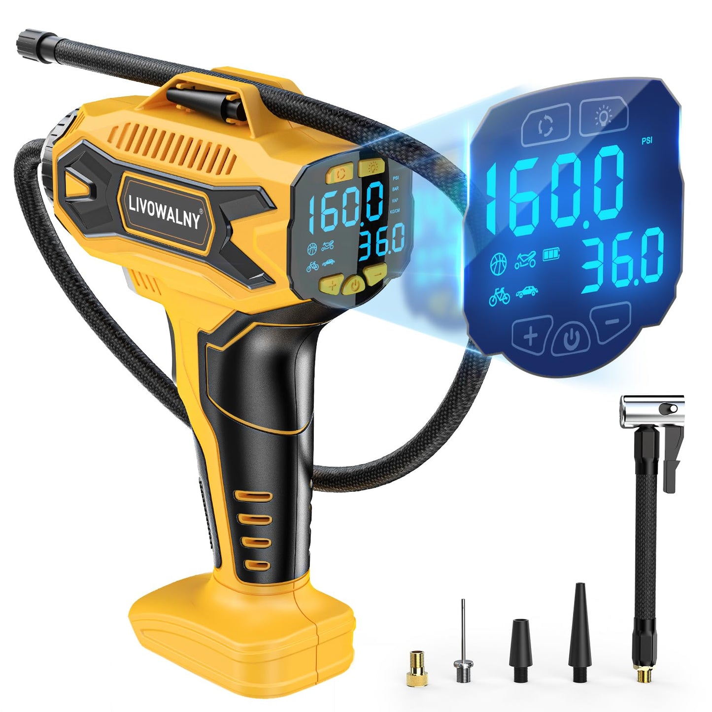 Tire Inflator Air Compressor Compatible with DeWalt 20V Battery Power, LIVOWALNY 160PSI Cordless Portable Electric Air Pump with Digital Pressure Gauge for Car Motorcycles Bike Ball Auto (No Battery)