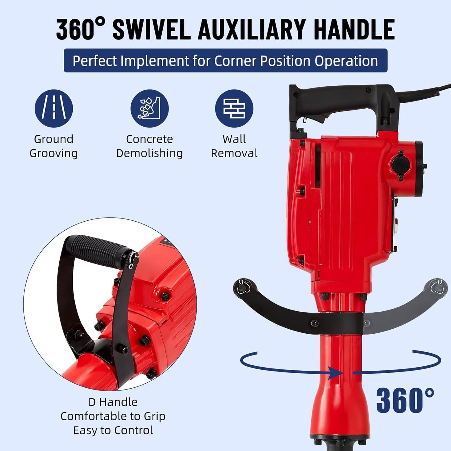 1700W Heavy Duty Electric Jack Hammer,Demolition Power Tool Kit With 3 Chisel Bits,Carrying Case & Safety Gloves for Concrete,Brick and Masonry, 3-Piece Set