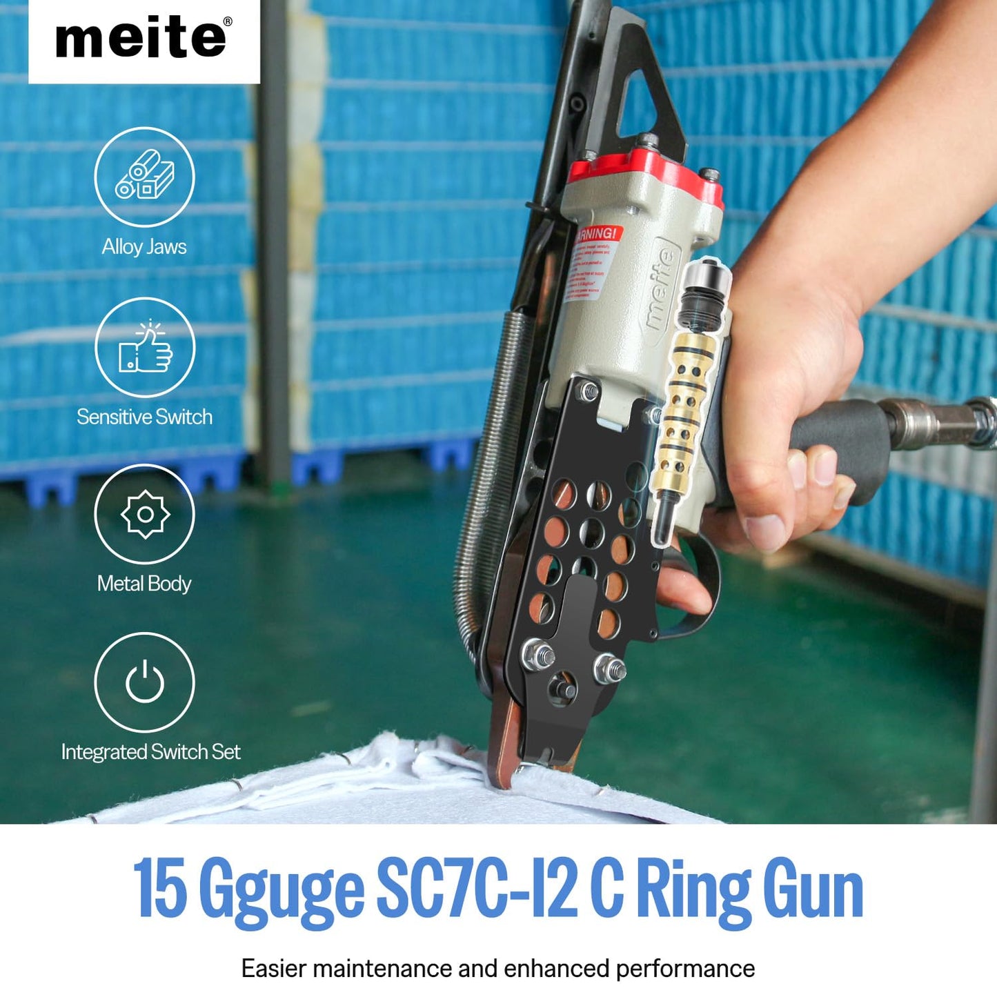 meite SC7C-I2 Pneumatic Hog Ring Gun with 2000 PCS 15GA Hog Rings, 15 Gauge 3/4" Crown Hog Ring Pliers, 5.5-6.0 mm Closure, Upgrade Trigger Air C Ringer Pliers for Mattress, Seat Assembly