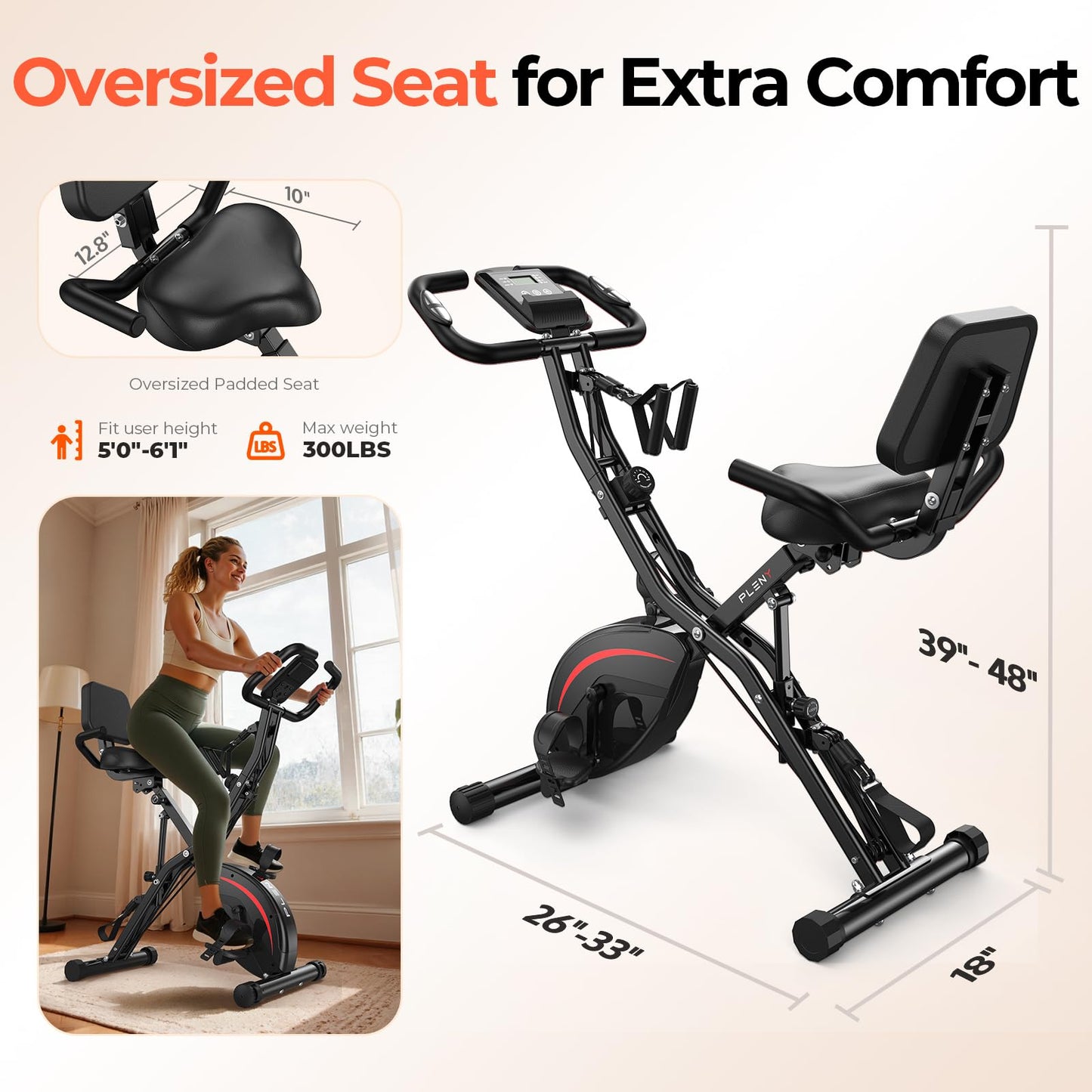 Pleny Folding Exercise Bike, 5 IN 1 Stationary Bikes for Home 6.6 LBS Flywheel, 330LB Weight Capacity Back Support Cushion Indoor Workout Cycling Bike for Home Gym, Black-red