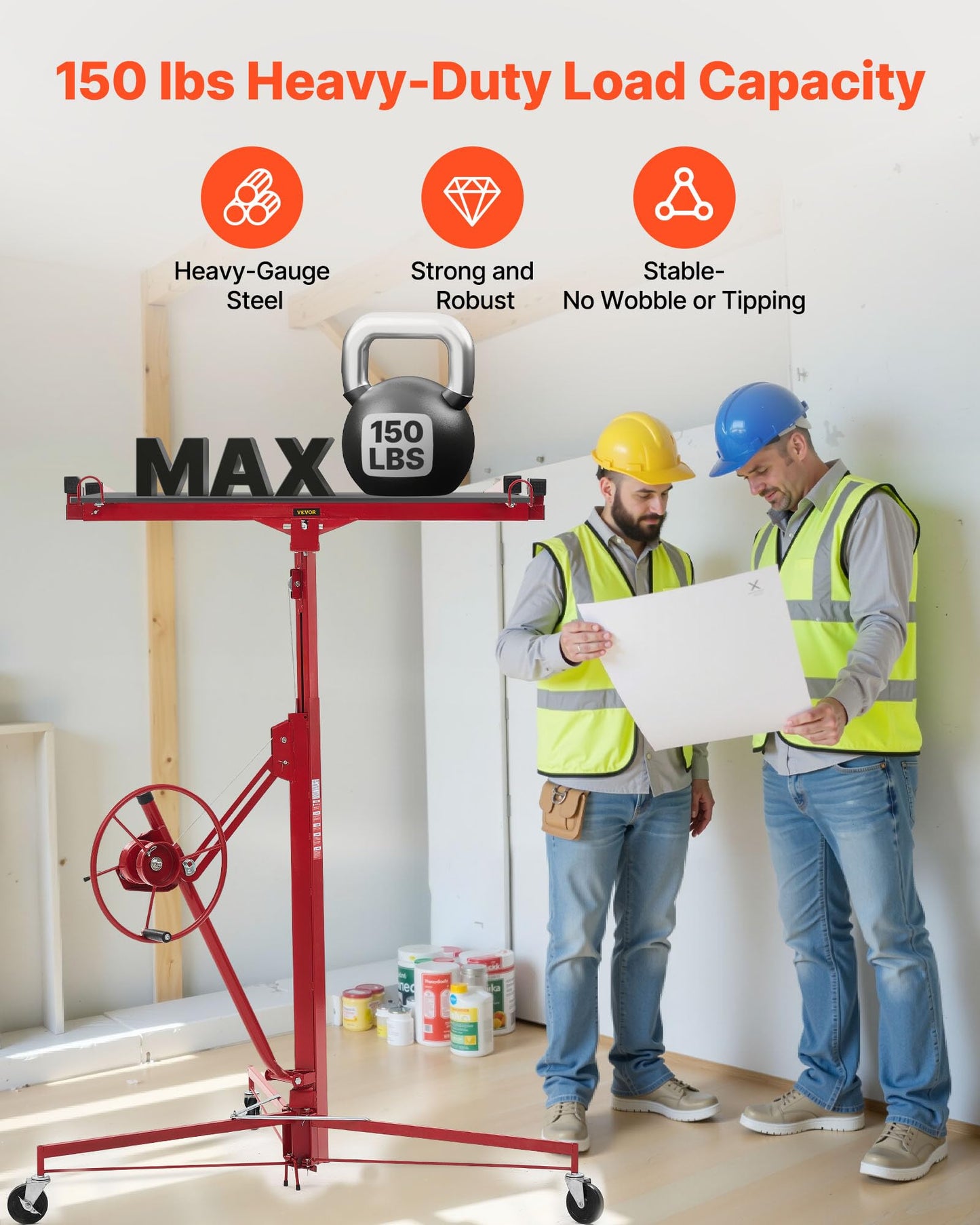 VEVOR 11ft Drywall Lift, Heavy-Duty 150 lbs Sheetrock Hoist with Adjustable Telescoping Arm, Lockable Wheels, Drywall Lifter Panel Jack Hoist Tools Ideal for Ceiling & Wall Installation (Red)