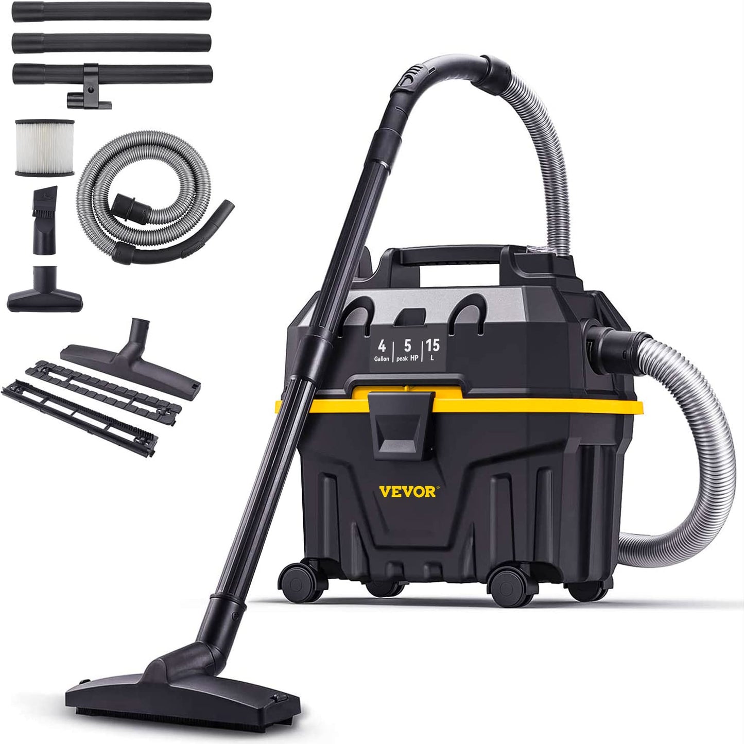 VEVOR Shop Vac Wet and Dry Vacuum Cleaner 4 Gallon 5 Peak HP - Powerful Suction with Blower Function & Attachments 3-in-1 Crevice Nozzle - Perfect for Car Carpet Debris Pet Hair Black/Yellow