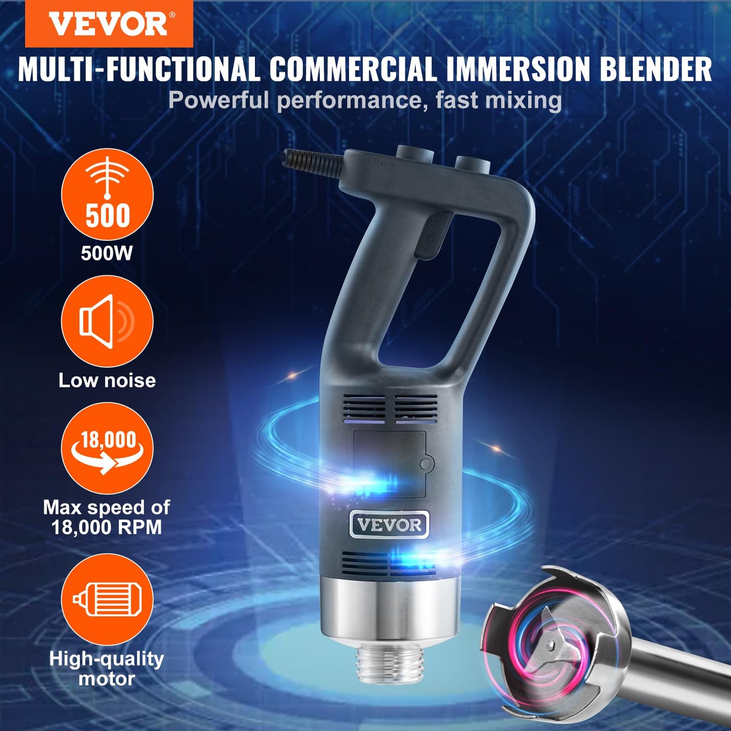 VEVOR Commercial Immersion Blender, 500 Watt 20Inch Heavy Duty Hand Mixer, Variable Speed Mixer with 304 Stainless Steel Blade, Multi-Purpose Portable Mixer for Soup, Smoothie, Puree, Baby Food