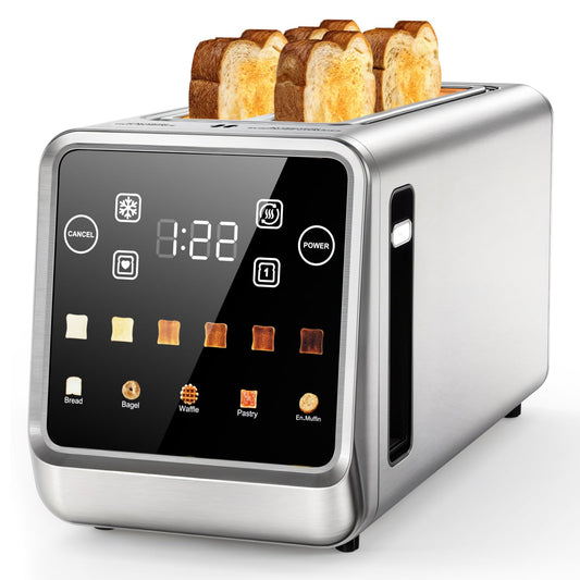 Smart 4-Slice Toaster, 75° Touchscreen with Digital Timer & Even-Heat Tech, Extra-Wide Slots for Bagels & Thick Bread, 6 Browning Levels, Defrost/Reheat, Single-Slot Energy Saving