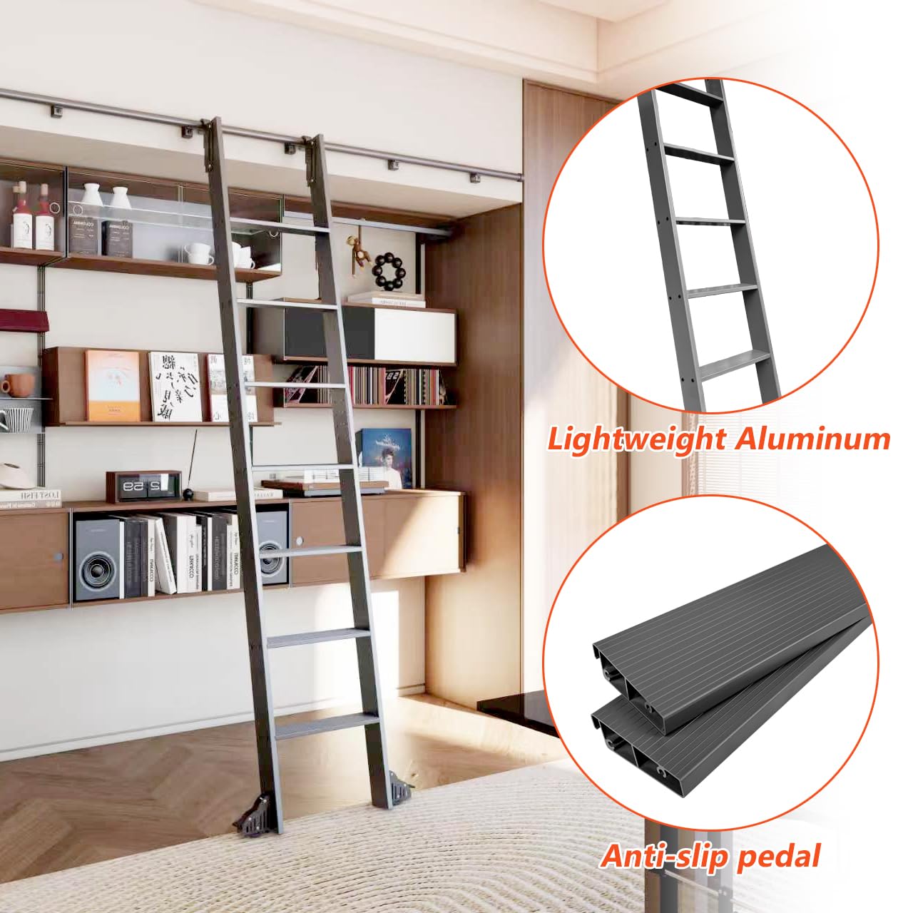 DIYHD 87" Sliding Library Ladder, Telescopic Top Hook, Lightweight Rolling Ladder with Upright Space-Saving Storage, Kit with 4FT Sliding Rail, Bottom Rollers, 300lbs Capacity, Black