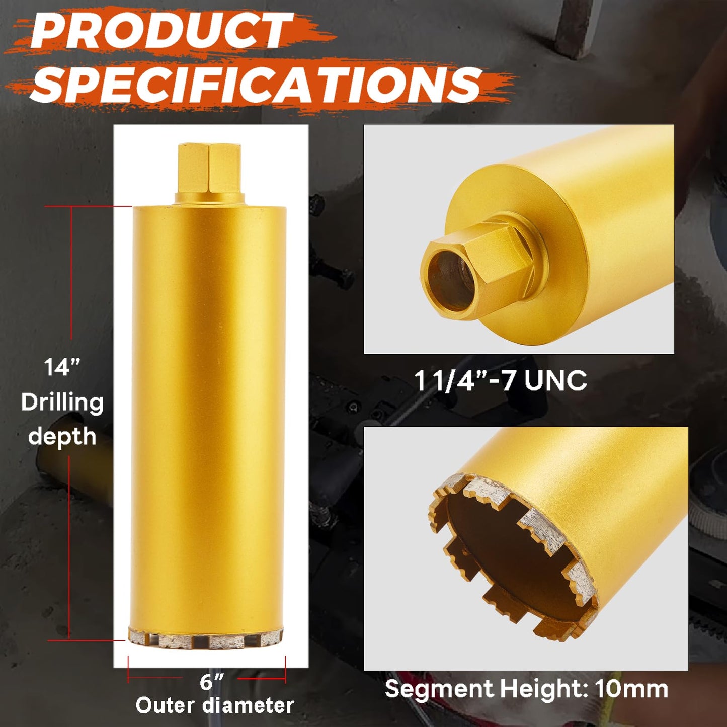 DaduoRi 6" Wet Core Drill Bit & SDS Plus Shank Drill Adapter - 6" Diameter Core Bits for Concrete, 14" Drilling Depth, 1-1/4"-7 Thread Diamond Core Bit for Cured Concrete, Masonry, Brick