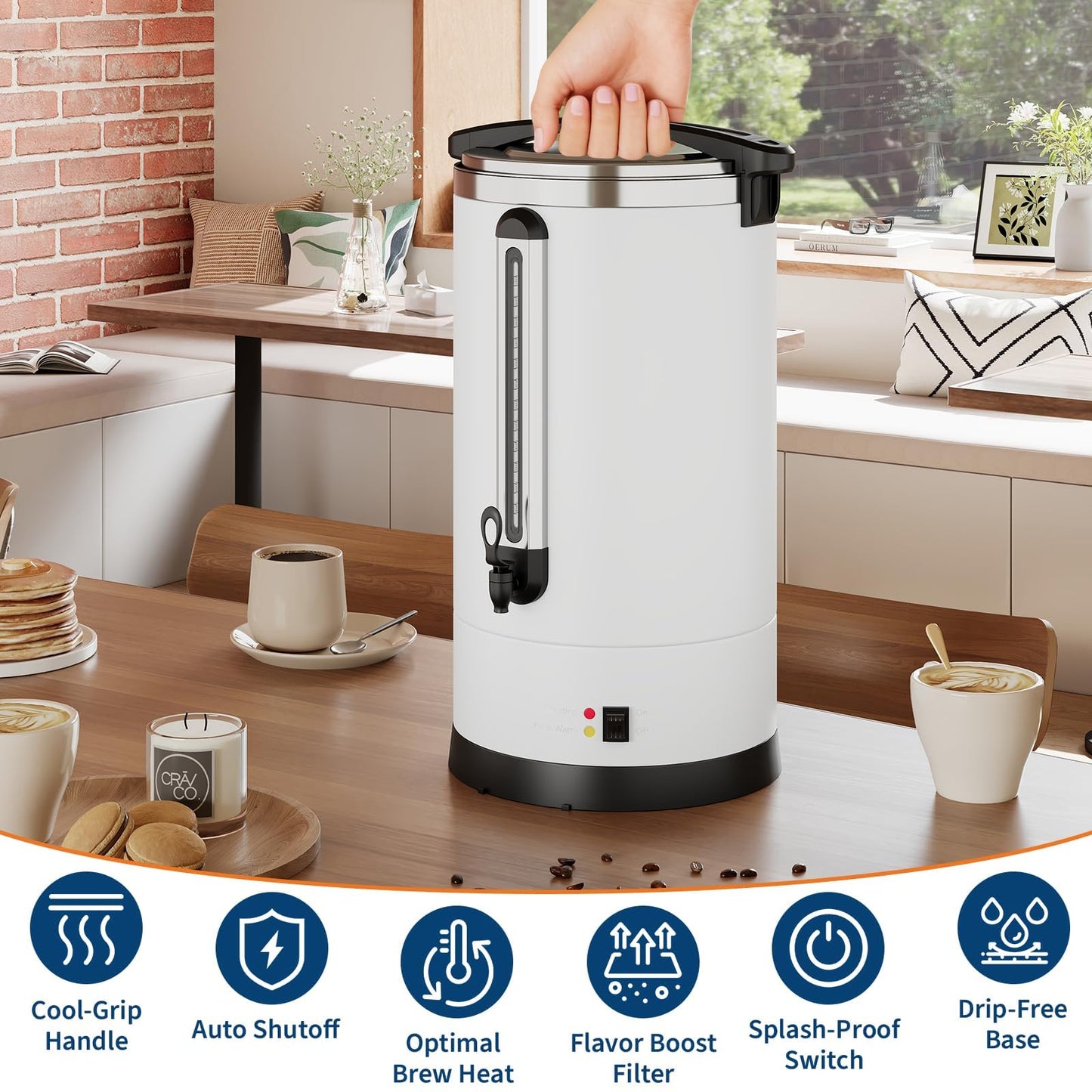 80 Cup Coffee Urn, 12L/3.2Gal Stainless Steel Hot Beverage Dispenser, Fast Brew Rapid Extraction, Auto Temperature Control Faucet, Commercial Hot Water Urn for Party Buffet Catering, White