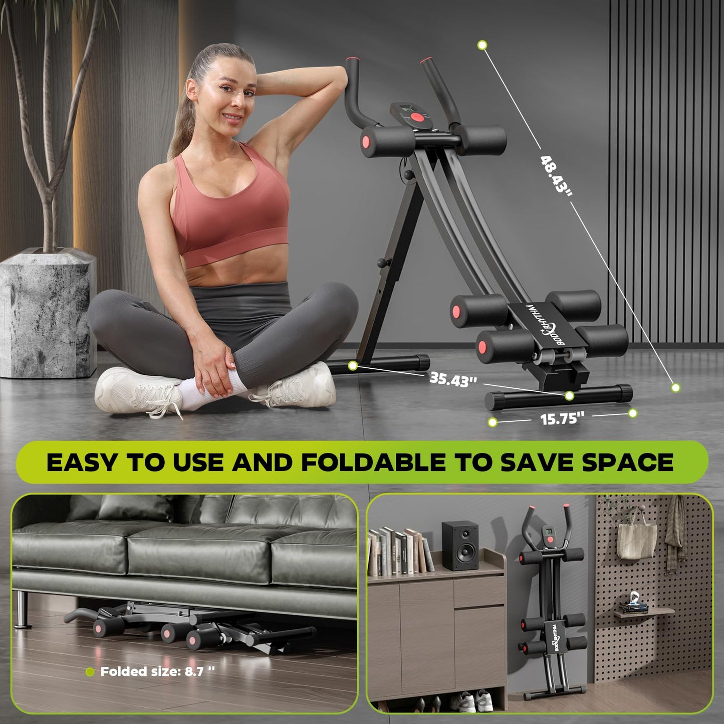 BODY RHYTHM Dual-Track Ab Machine with 4 Adjustable Heights, Foldable Core & Abdominal Exercise Machine, Total AB Workout Equipment for Home Gym, Ab Women Exercise Fitnes Trainer. (Black)