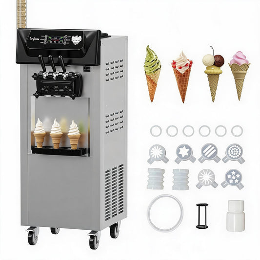 Commercial Soft Serve Ice Cream Machine 2200W, 5.8-8 Gal/Hr Yield, 2+1 Flavor with 2x7L Hopper & 3 Dispensers, Auto Clean & LCD Display for Restaurant Bars