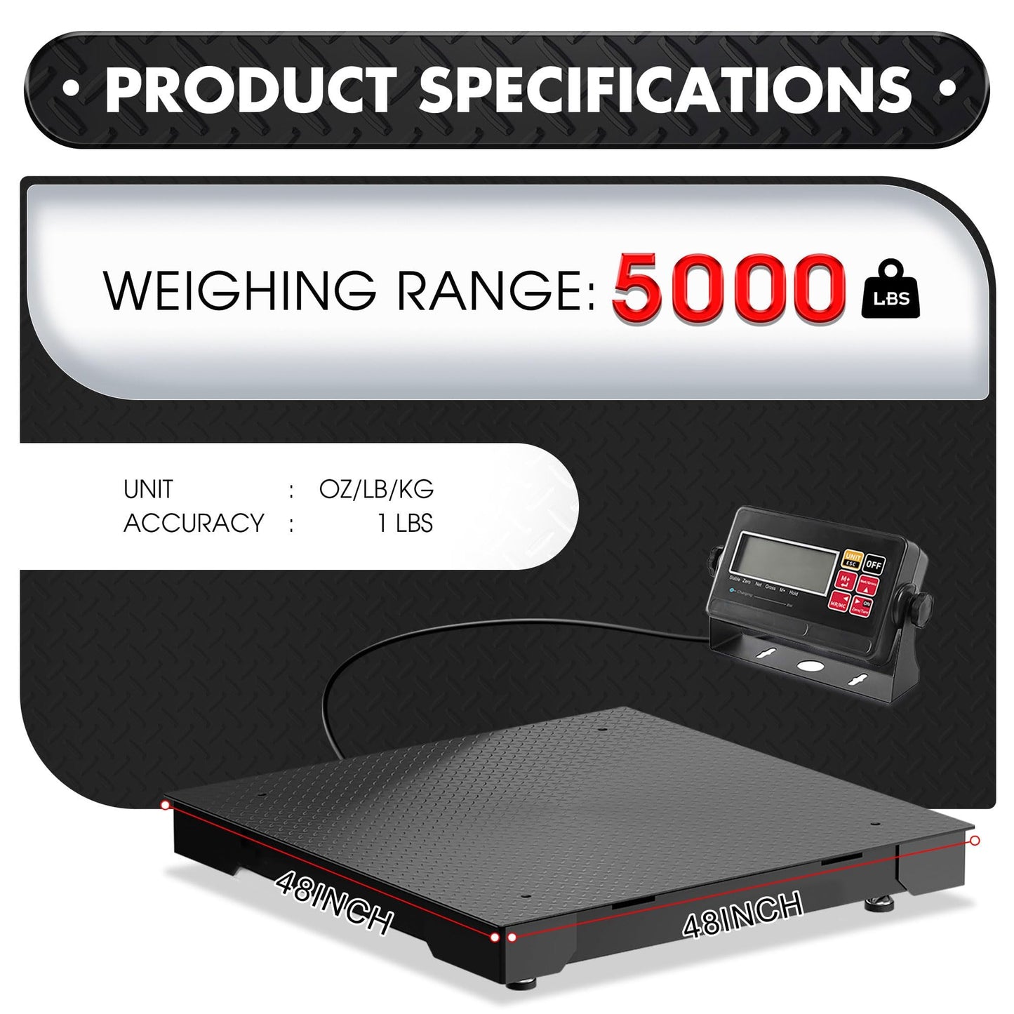Industrial Floor Scale 48x48 Inch - 5000lb x 1lb, Heavy Duty Platform Weighing Scale with Digital Display