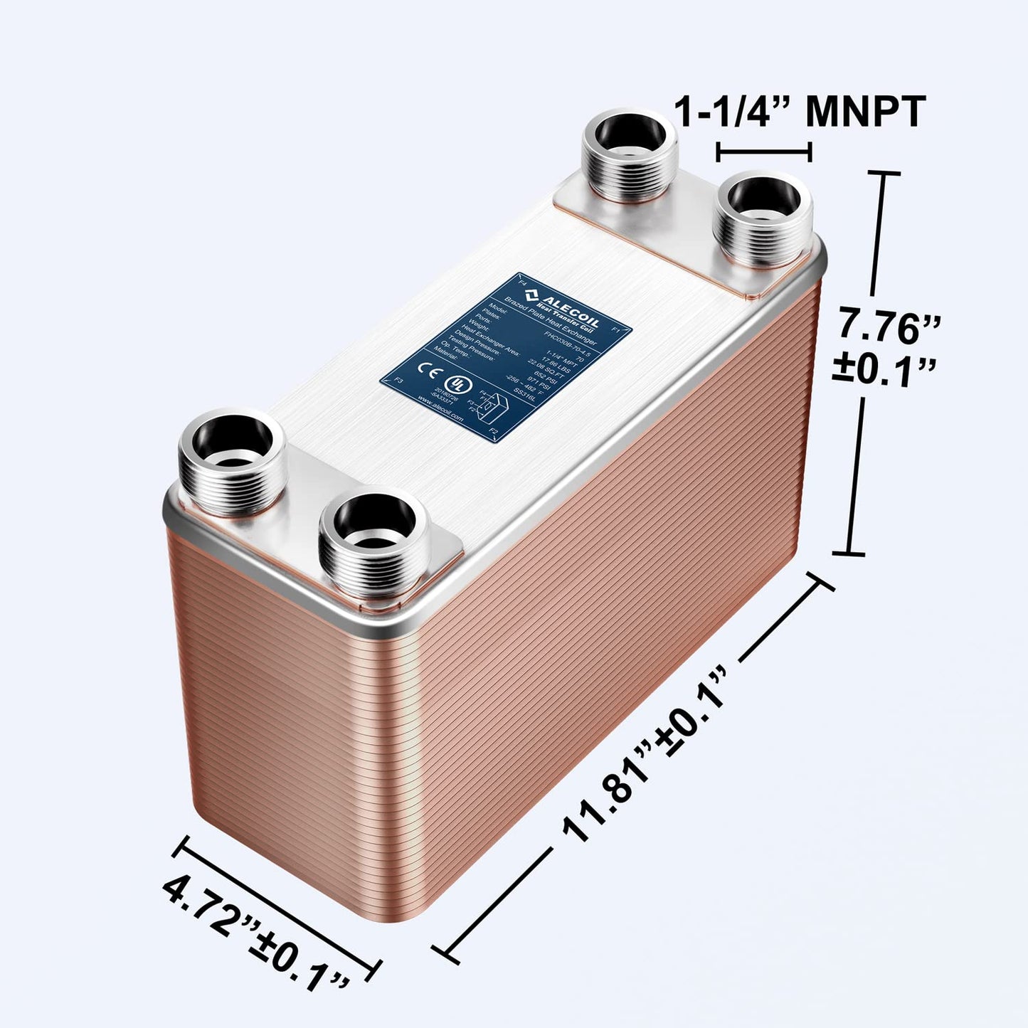 ALECOIL 5"x12"-70 Plates Heat Exchanger with 1-1/4" MPT Port Water to Water 316L Stainless Steel Brazed Plate Heat Exchanger for Water Heating, Floor Heating, Industrial and Commercial Refrigeration