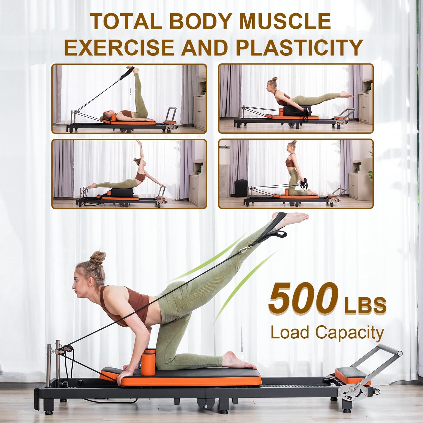 Pilates Reformer, Foldable Pilates Machine for Home Use and Gym Workout, Suitable for Advanced and Beginners Users,Pilates Equipment with Sitting Box, Jump Board ,Up to 500 LBS