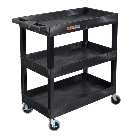 Tubstr 3-Tier Rolling Utility Cart with Wheels | Supports 300 lbs. Total | Heavy-Duty Capacity for Garage Storage, Office Spaces, & Kitchen Use | Durable Tool Cart with Locking Wheels (Black, 32 x 18)