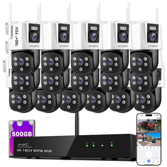 xmartO [16 Dual-Lens Camera Bundle 32-View Long Range WiFi6 Mesh Security System, 16CH 4K Dual Band NVR, 4MP 180°+Static FOV & 360°PTZ AI Tracking, 24/7 Plug-in Surveillance,500GB HDD,No Monthly Fee