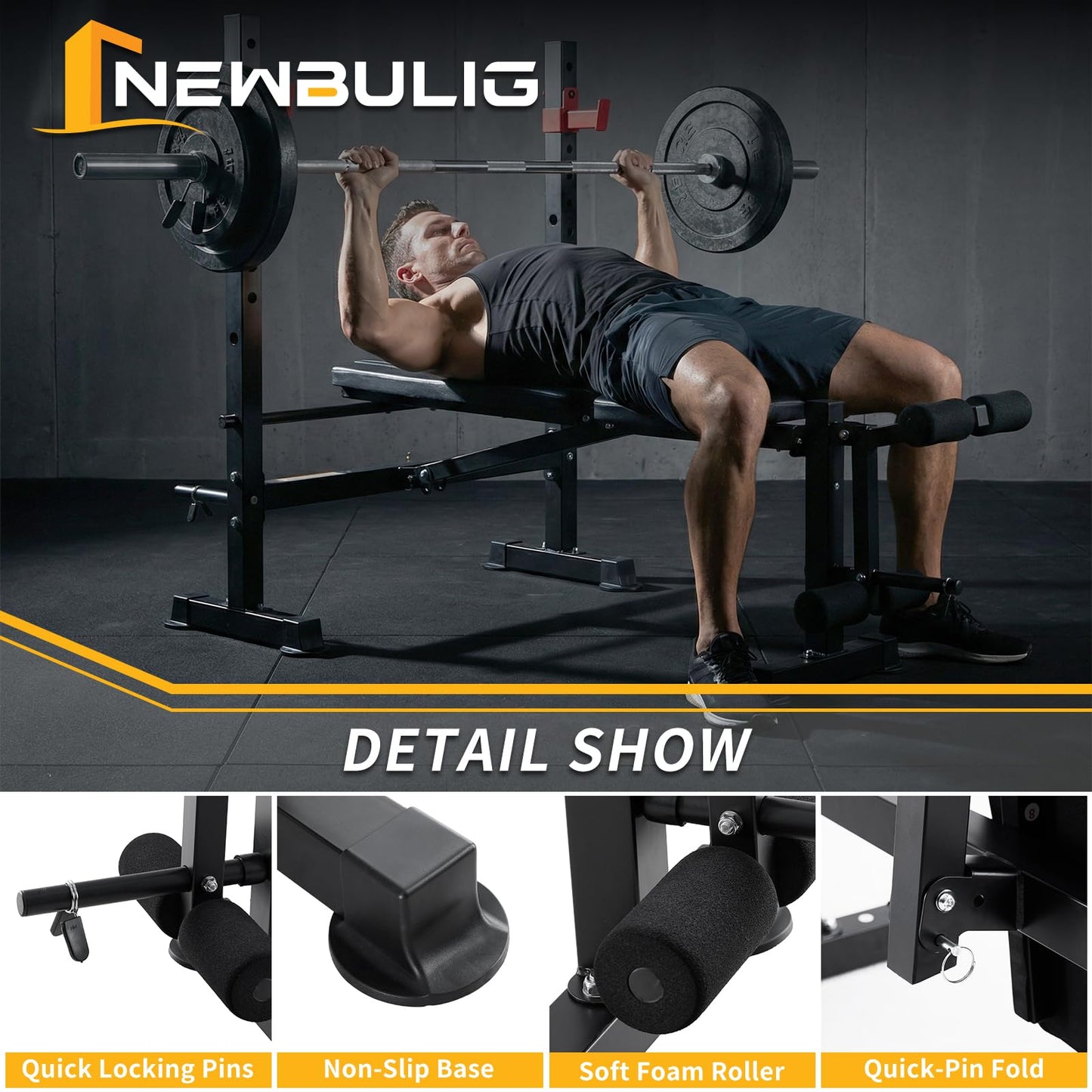 NEWBULIG Adjustable Weight Bench Set with Leg Extension & Curl, 650 LBS Heavy Duty Foldable Bench Press Set with Barbell Rack, Full Body Strength Training Bench for Home Gym, Classic Black