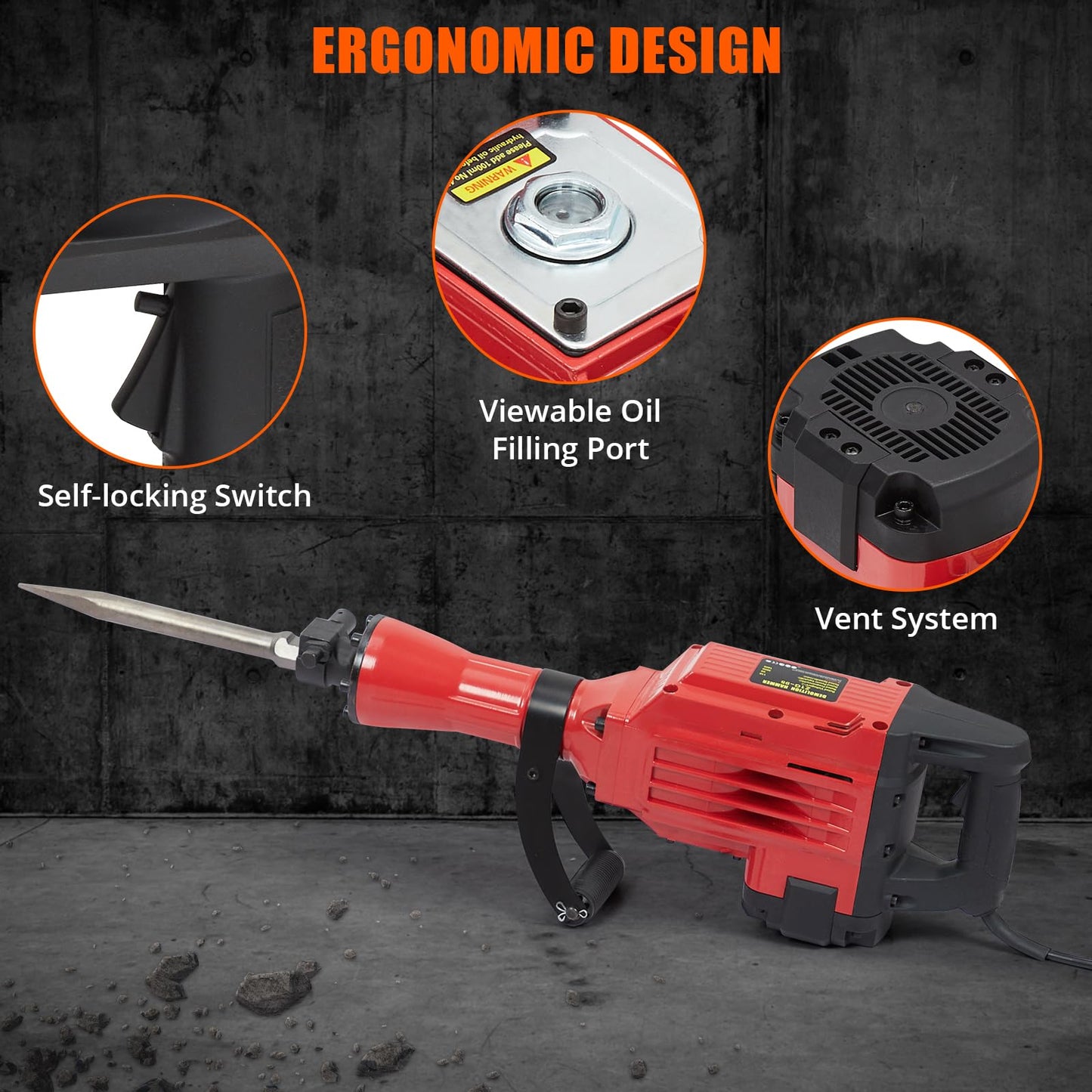 3600W Demolition Jack Hammer Metal Concrete Breaker Jack Hammer Electric Tool Kit, 6pcs Chisels Bit Set W/Case, Noise-Canceling Earplug, Shoulder Strap