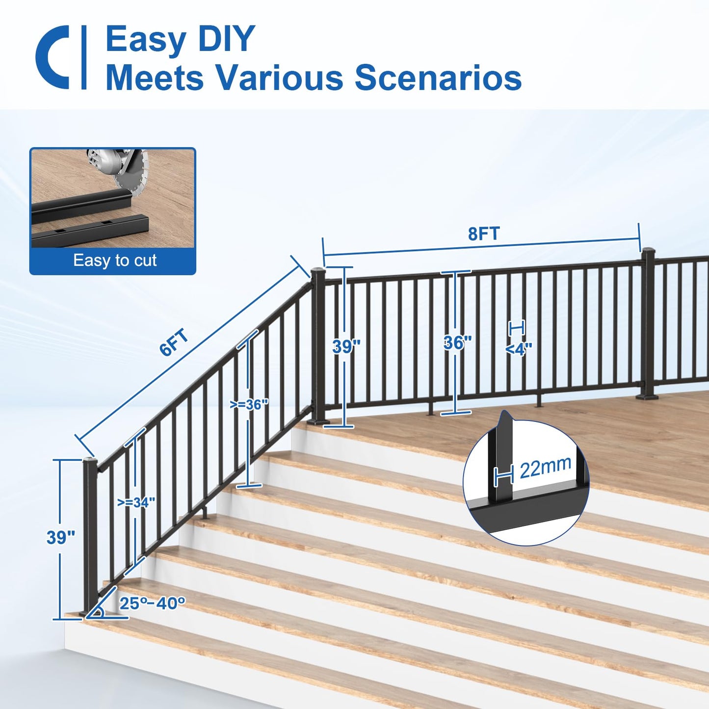 CKE 36 in. H x 6 ft. W Porch and Deck Railing Kit with Post, Aluminum Stair Railing Kit Outdoor, AAMA 2604 Textured Matte Black Stair Railing System for Decks, Porches & Balconies(2 Post, 2 Panel)