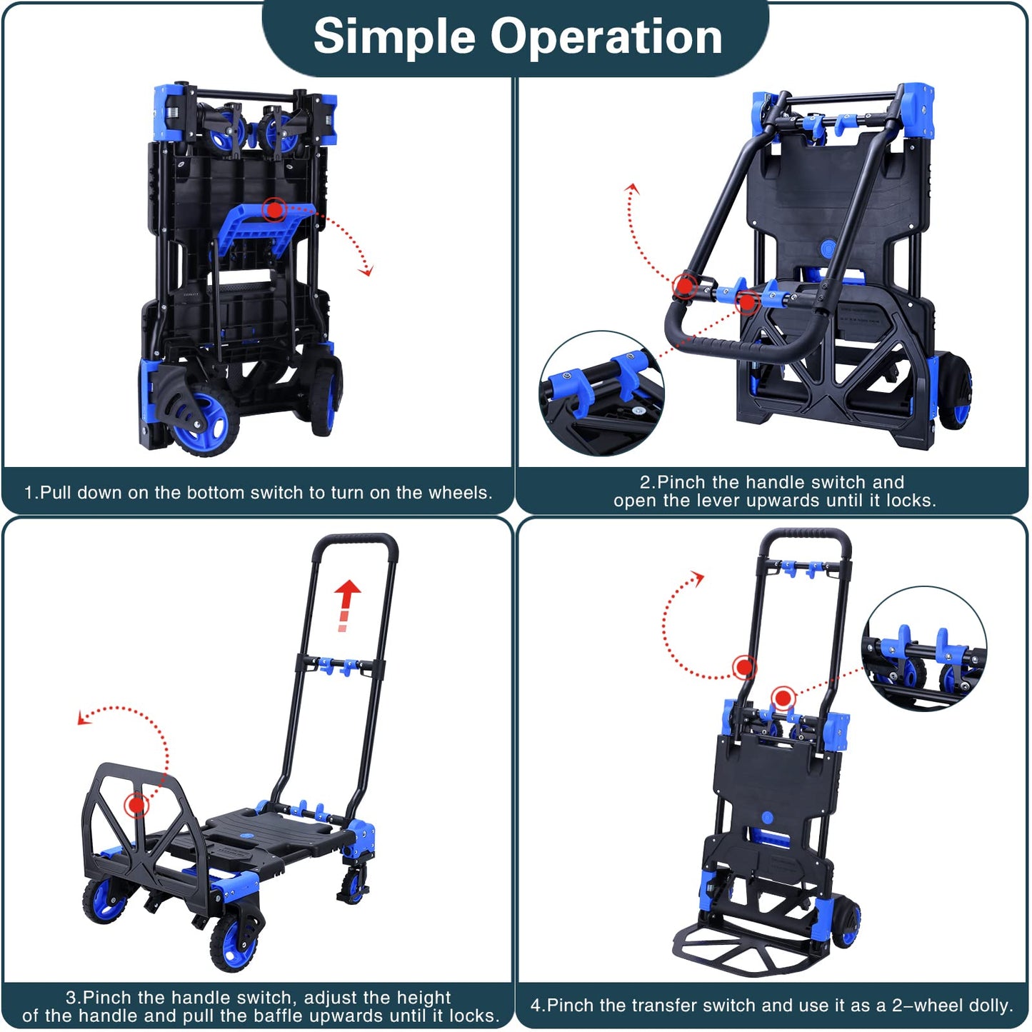 2-in-1Folding Hand Truck Dolly with Folding Basket, 330LBS Capacity Foldable Hand cart,Folding Dolly with Retractable Handle,Hand Truck Foldable with 4 Wheels for Moving