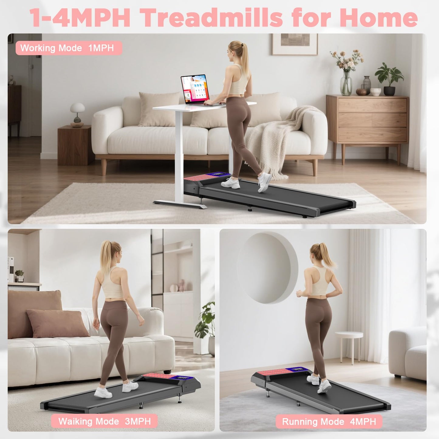 Walking Treadmill Pad Under-Desk with Incline - 2.5HP Home Running Pad LED Display Exercise Machine with Remote Control