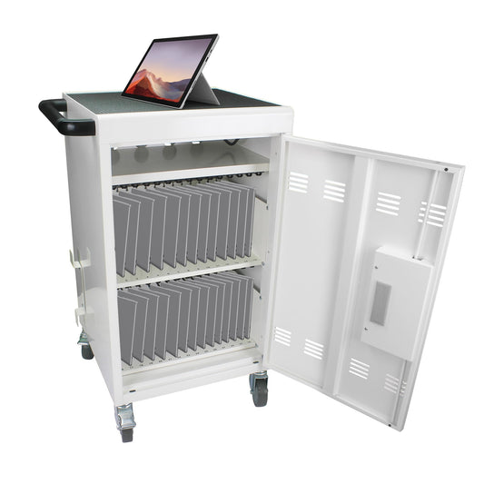 30-Device Mobile Charging Cart with Power Strip, Locks, Cable Management, Up to 16.3" Safe Charging Cabinet for Chromebooks, Tablets, Laptops. White with Code Lock