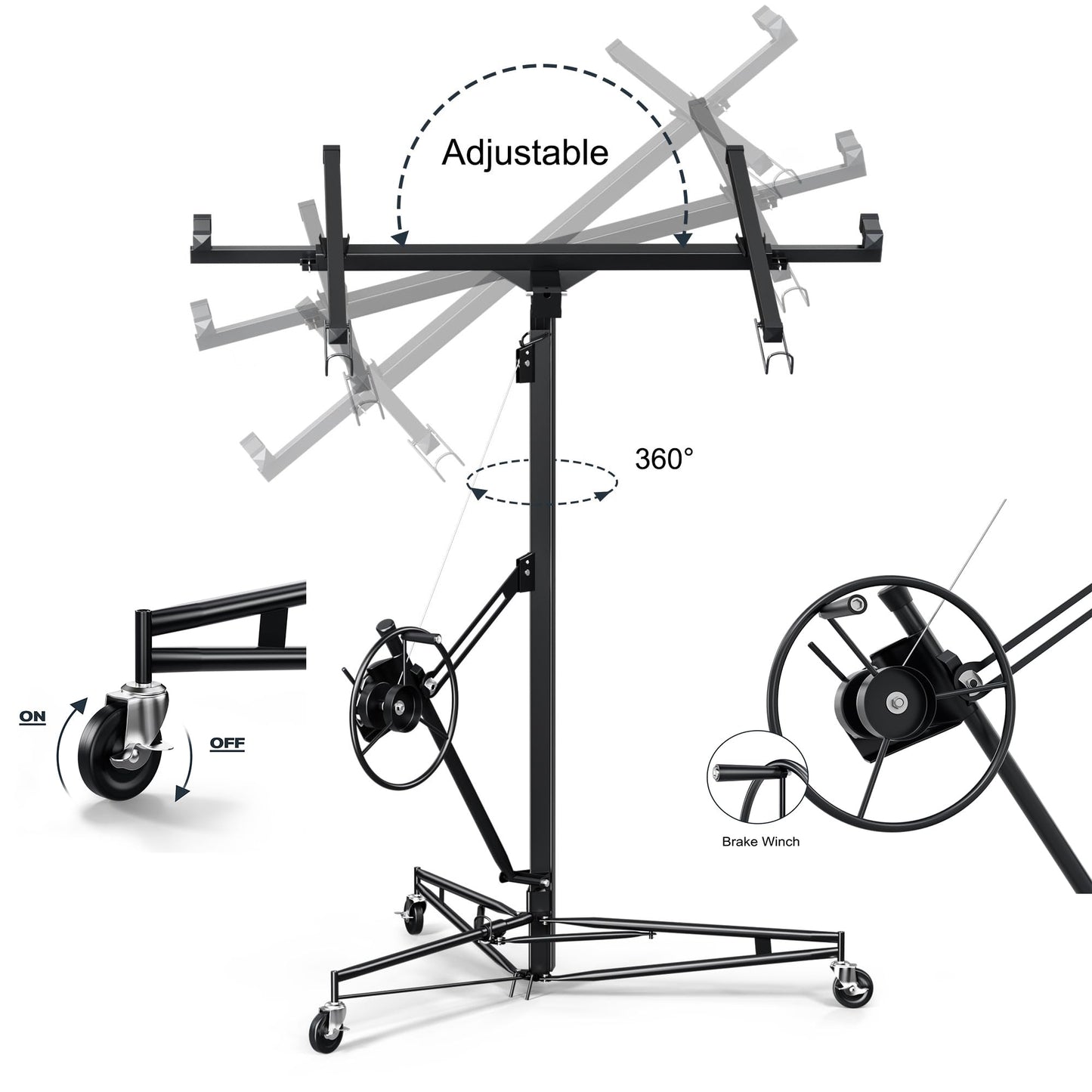 GarveeTech Drywall Lift 16 ft,Drywall Rolling Lifter Panel,150 LBS Heavy Duty Sheetrock Lift,Drywall Lift Panel Hoist Jack with 360° Adjustable Telescopic Arm & 3 Lockable Wheels