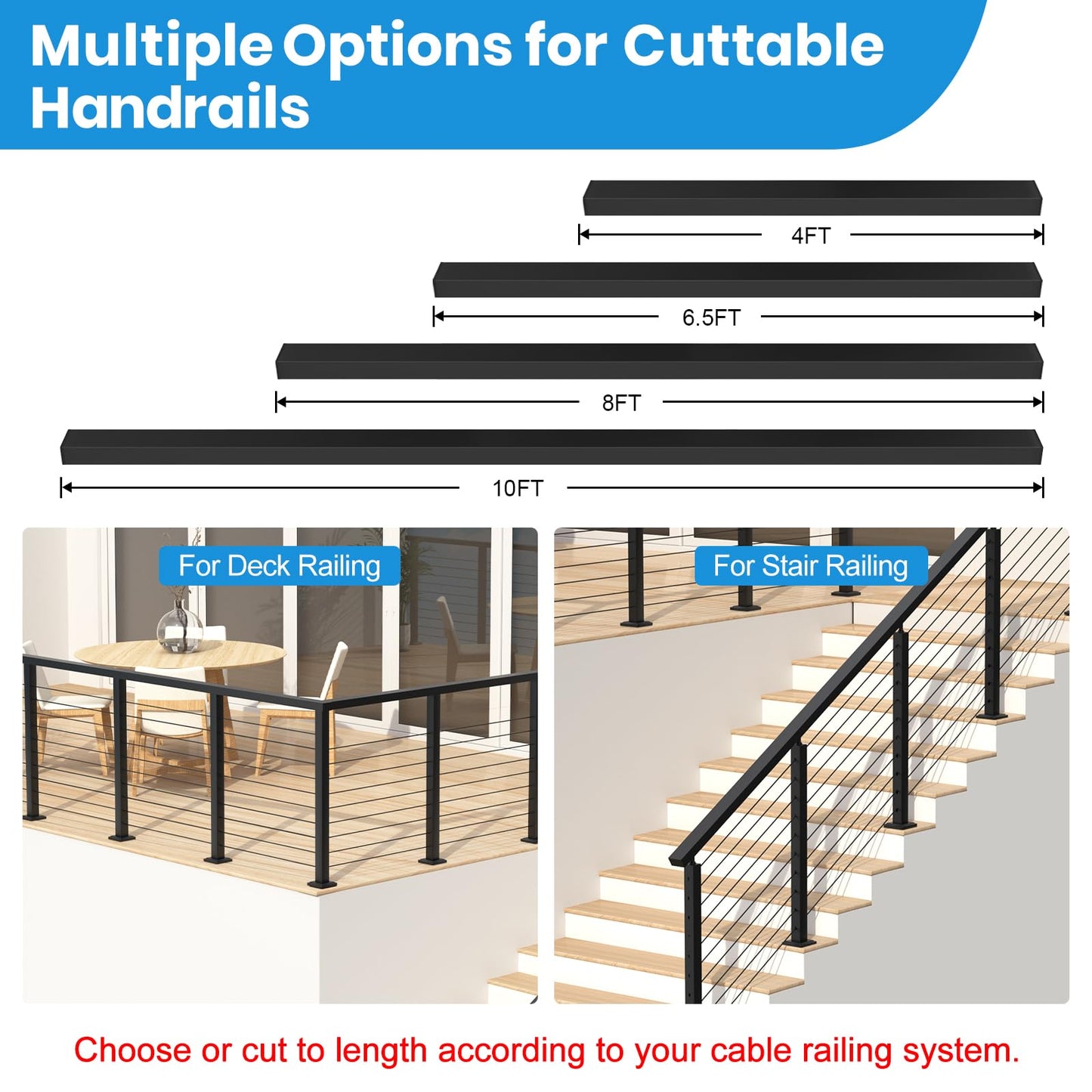 RailinGo 10FT Rectangular Cable Railing Handrail, Black Stainless Steel Handrail with Nylon End Caps for Deck Stair Railing System, 10' Flat Top Cuttable Deck Cable Rail Post System, RG01-H