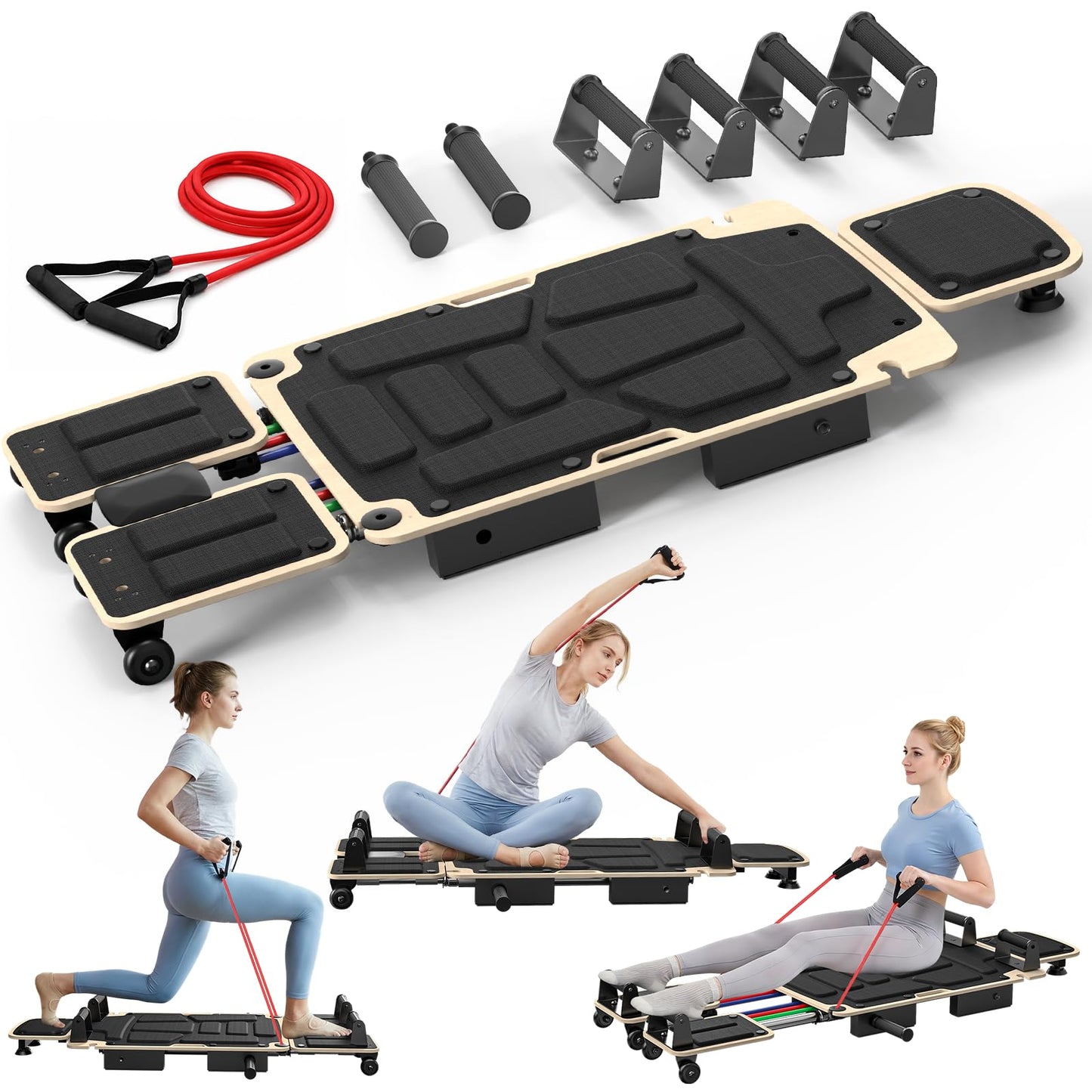RevFit Pilates Board Reformer for Home Workout, 5-in-1 Pilates Equipment with Dual & Split Foot Pads, Smooth Sliding Rail System, Adjustable Headrest for Heights 3'7"–6'3", Core & Full-Body Training