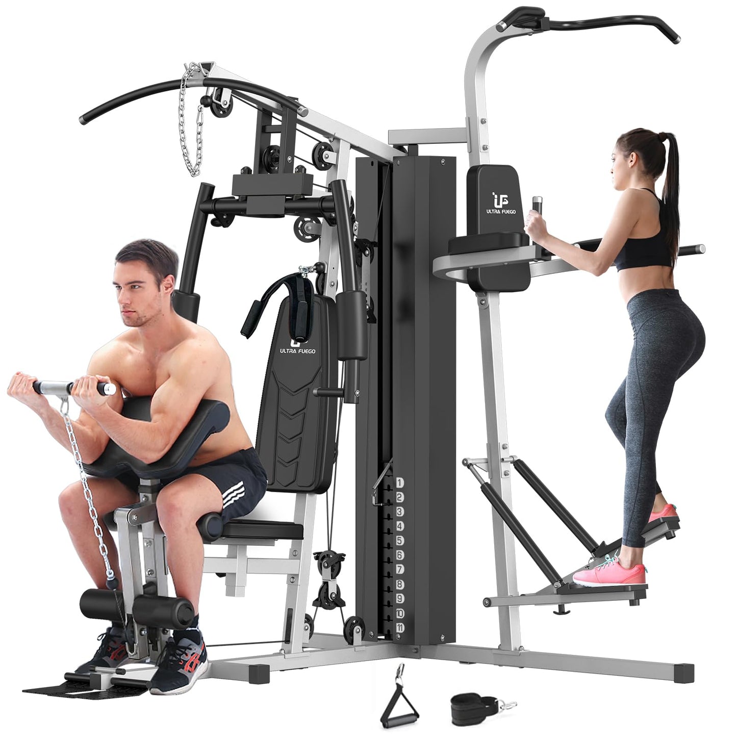 ULTRA FUEGO Multifunctional Home Gym Equipment Workout Station with Pulley System, Arm, and Leg Developer for Full Body Training (1186L Black Home Gym Station with Power Tower)