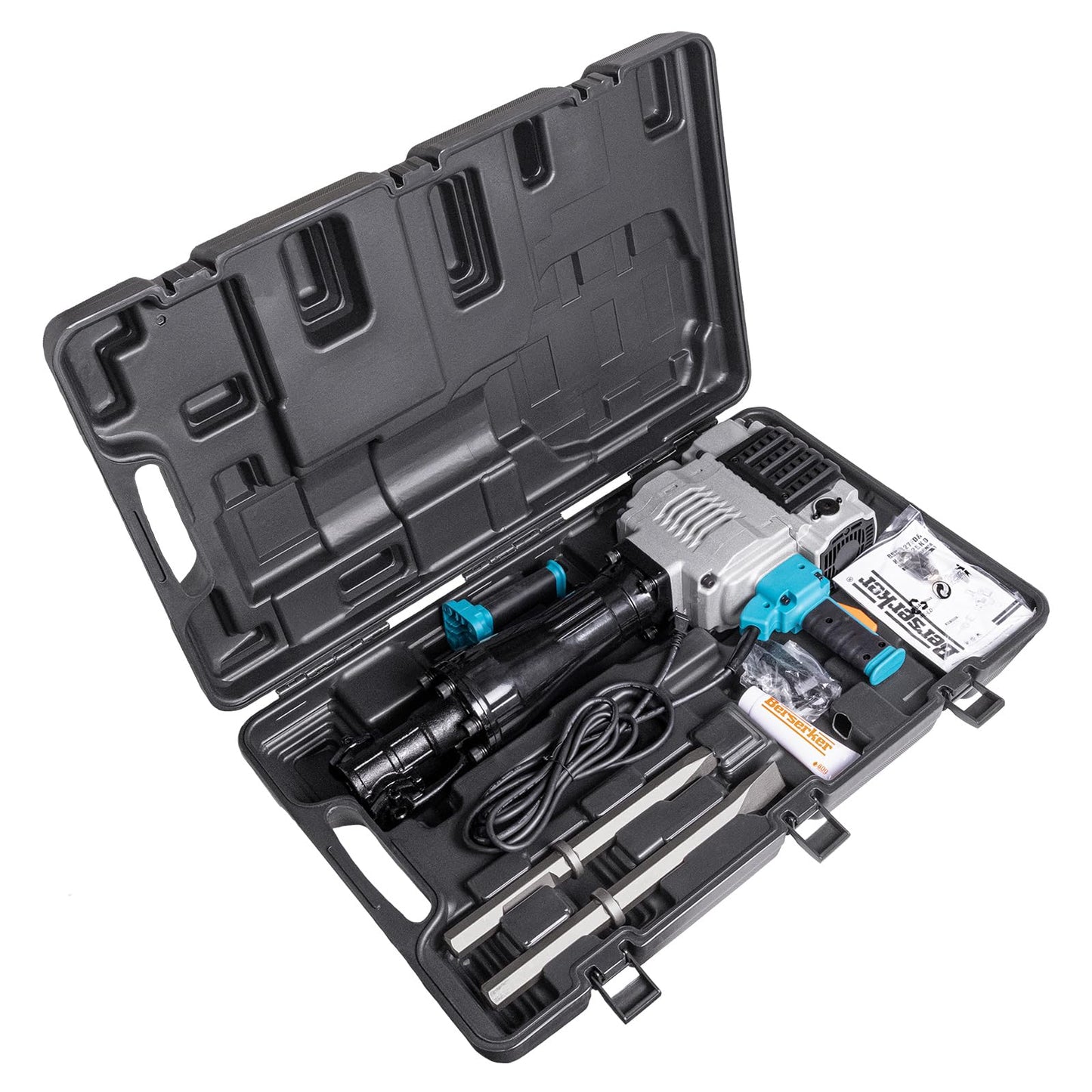 Berserker 55-Pound 1-1/8" Hex Shank Breaker Hammer, 2100W 17-Amp Heavy Duty Concrete/Pavement Demolition Jack Hammer with Carrying Case Bull Point Chisel & 2 Flat Chisel