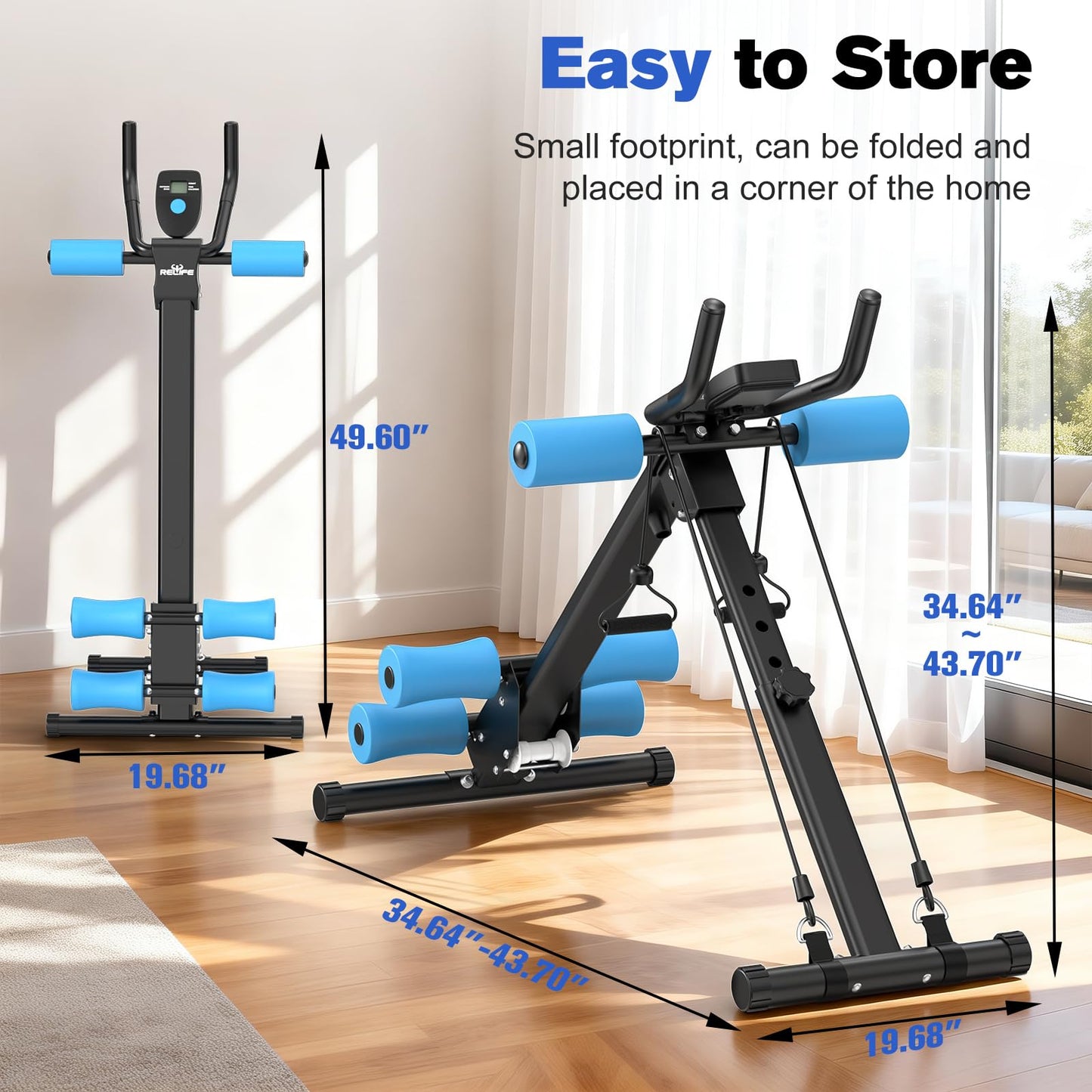 RELIFE REBUILD YOUR LIFE AB Workout Machine Adjustable Ab Trainer Foldable Ab Cruncher Strength Training Equipment for Home Gym Blue 440 LBS Blue