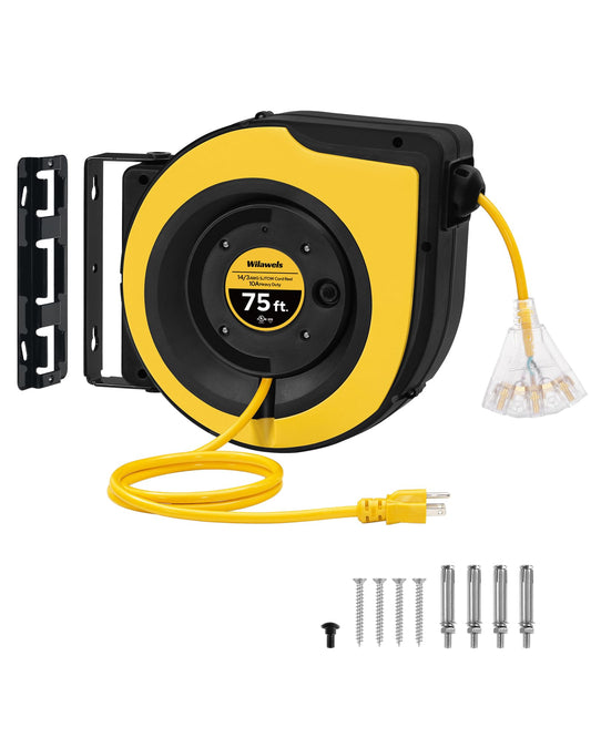 WILAWELS Retractable Extension Cord Reel, 75 FT Extension Cord Reel, 14AWG/3C SJTOW Heavy Duty Power Cord Reel, Lighted Triple Tap, 10A Circuit Breaker, Wall/Ceiling Mounted, UL Listed, Yellow Y75CR06