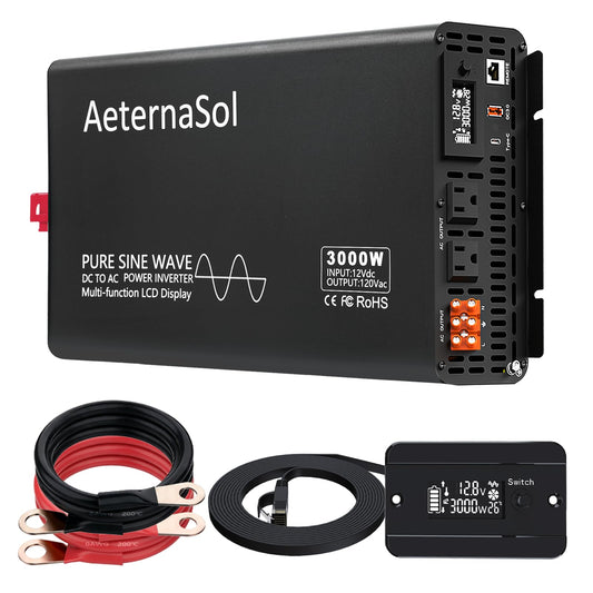 AeternaSol Pure Sine Wave Inverter 3000 Watt Inverter 12V DC to 110V-120V AC Converter for RV Truck Camping Solar Home Backup with 2 AC Outlets,USB Fast&Type-C,Remote Monitor,Hardwire Port,Surge 6000W