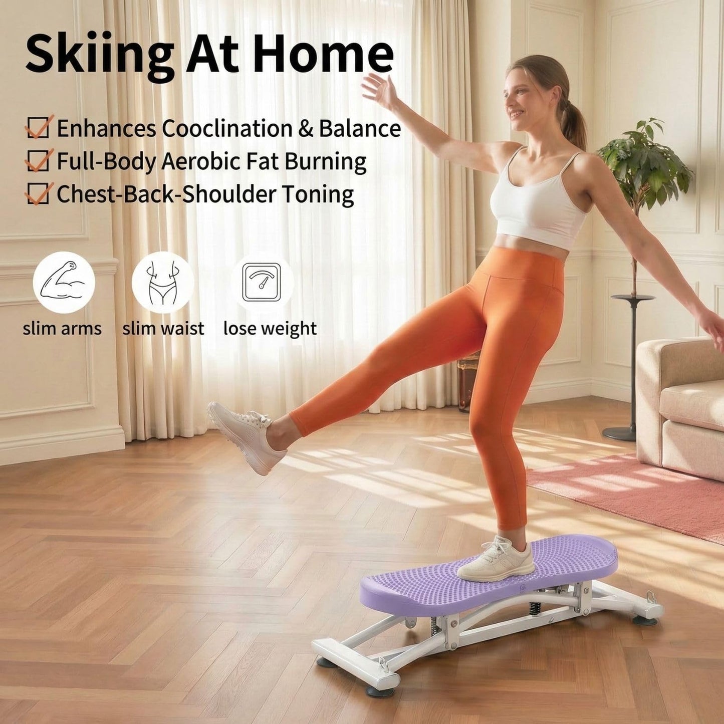 Balance Board for Adults, Rocking Stepper with Resistance Bands, Portable Wobble Board with LCD Monitor, 300 lbs Capacity Ski Trainer for Full Body Workout at Home Gym (Purple)