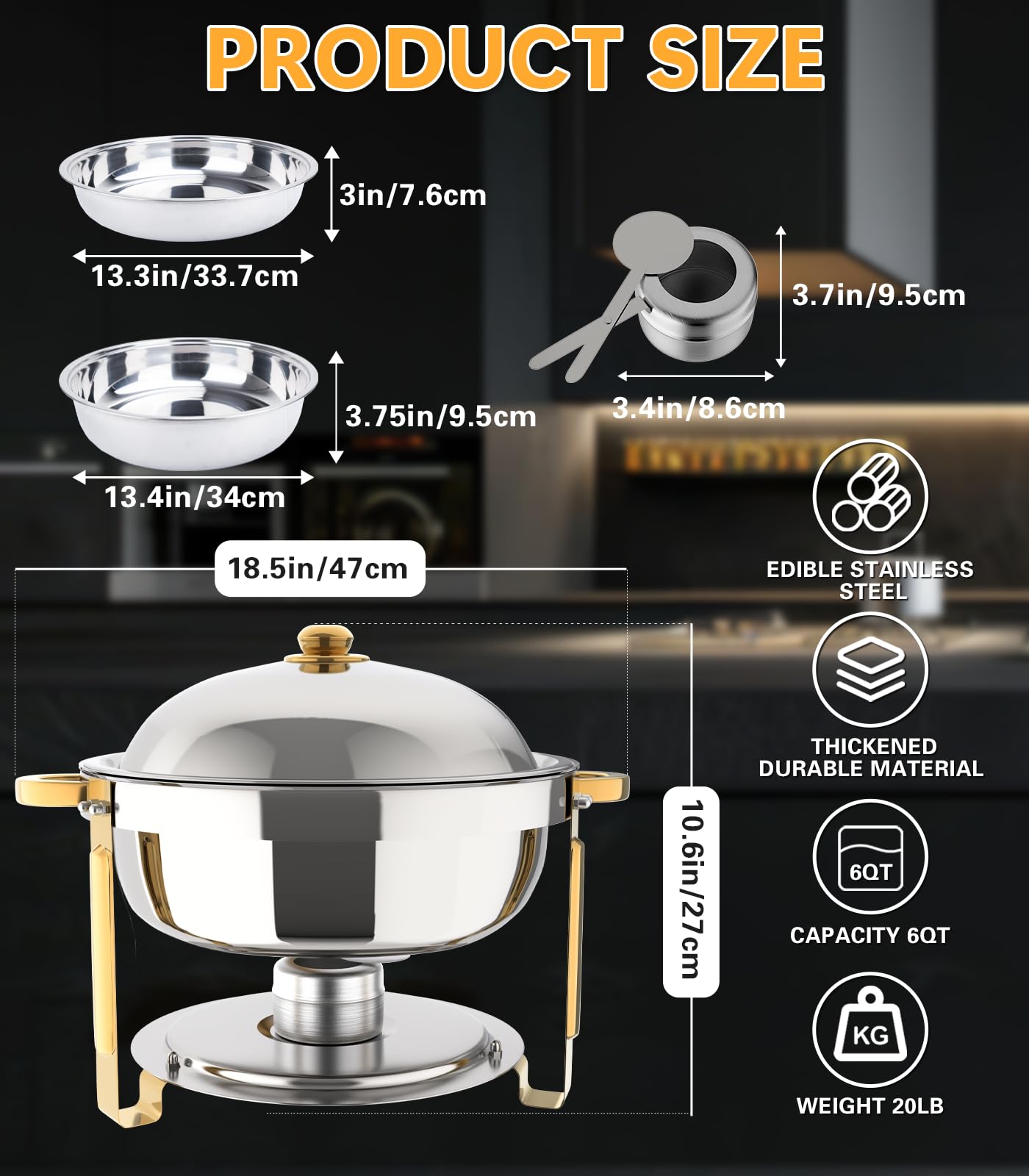 Chafing Dishes for Buffet 4 Pack, 6QT Round Chafing Dish Buffet Set Stainless Steel Buffet Food Warmers Set for Catering Events Party Dinner with Complete Set, Gold and Silver Chafing Dishes for Party