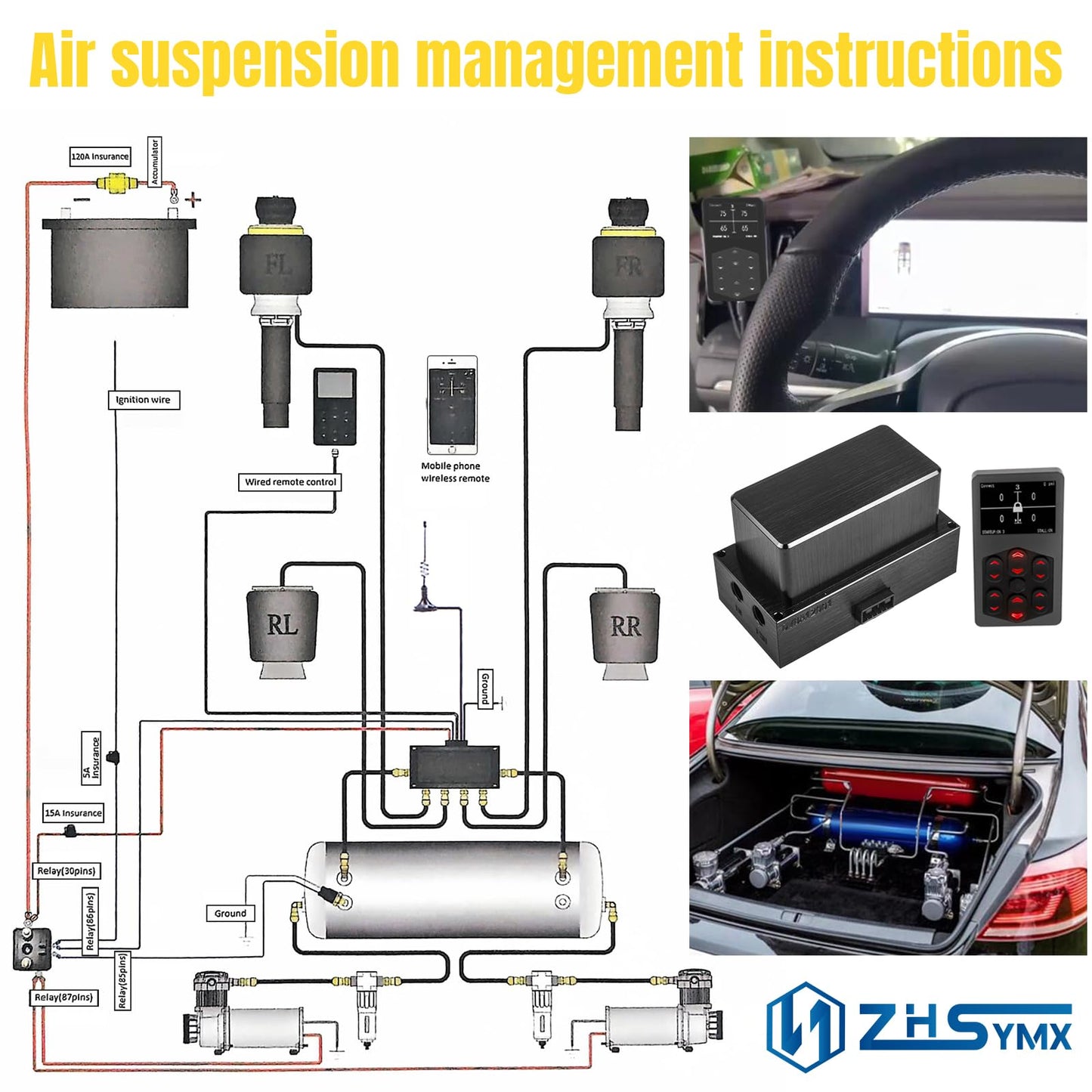 Air Management Top Grade Air Suspension System kit with Airlift Fitting Packs and 6mm vacuum tube, Electronic Controll System/pneumatic/airlift 5 Memory