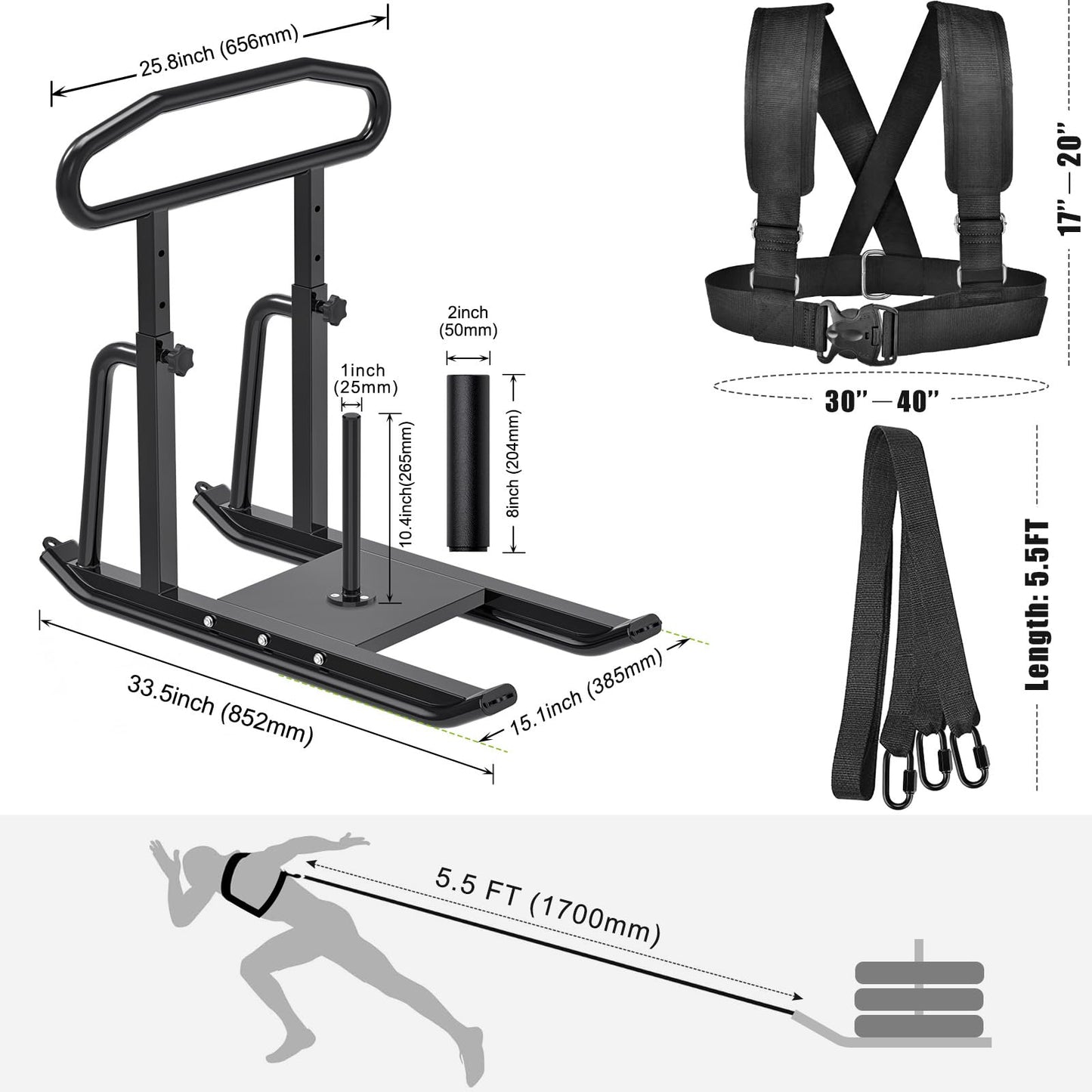 Dolibest Weight Sled Fitness Sled with Push-Pull Handles, Height Adjustable-Sled Harness Included, Heavy-Duty Weight Training Equipment for Muscle Building- Suitable for 1&2" Weight Plate- Black