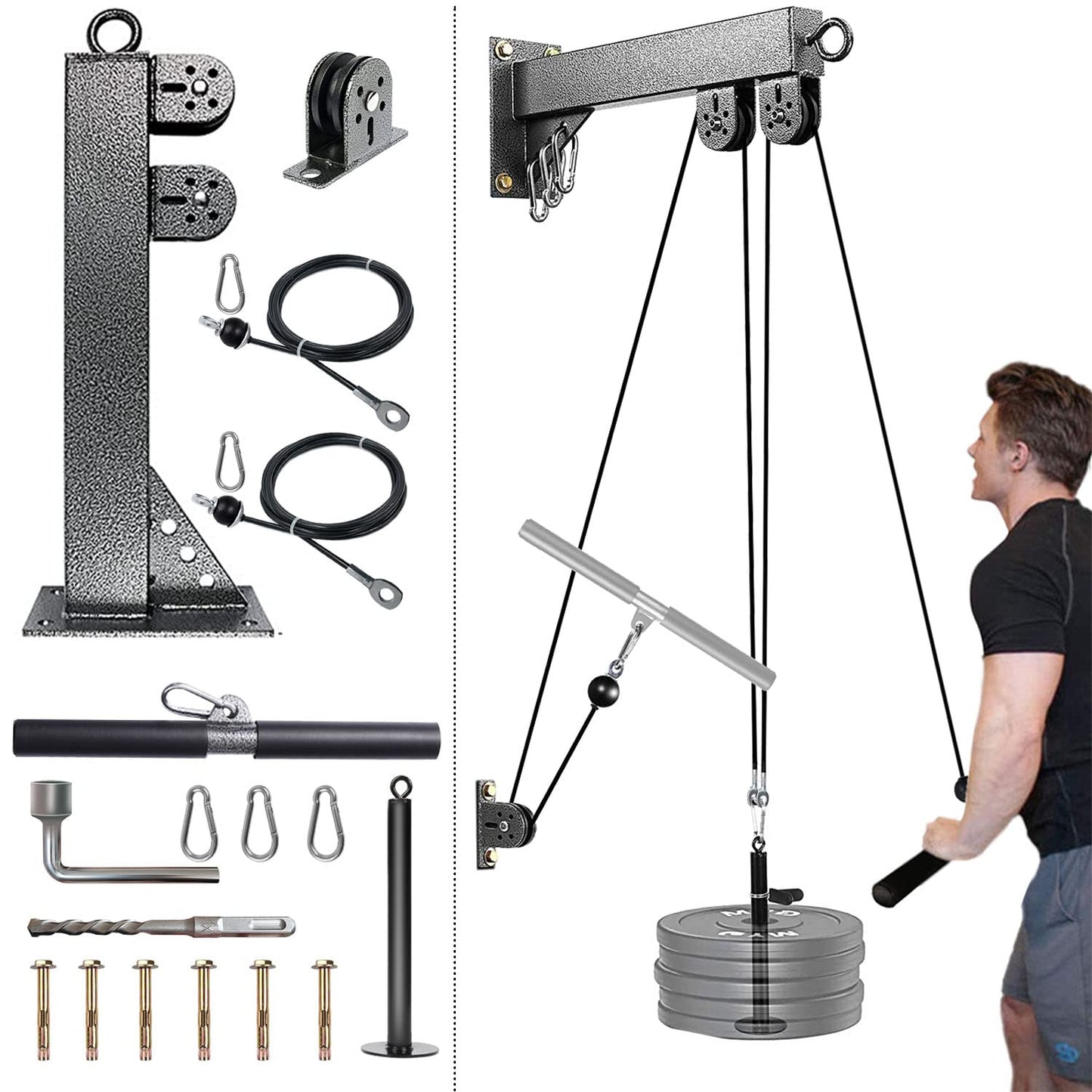 MARSAFIT Fitness Wall Mount Pulley System, Weight Cable Pulley System for Gym, LAT Pull Down and Low Row Cable Machine, Cable Station Equipment