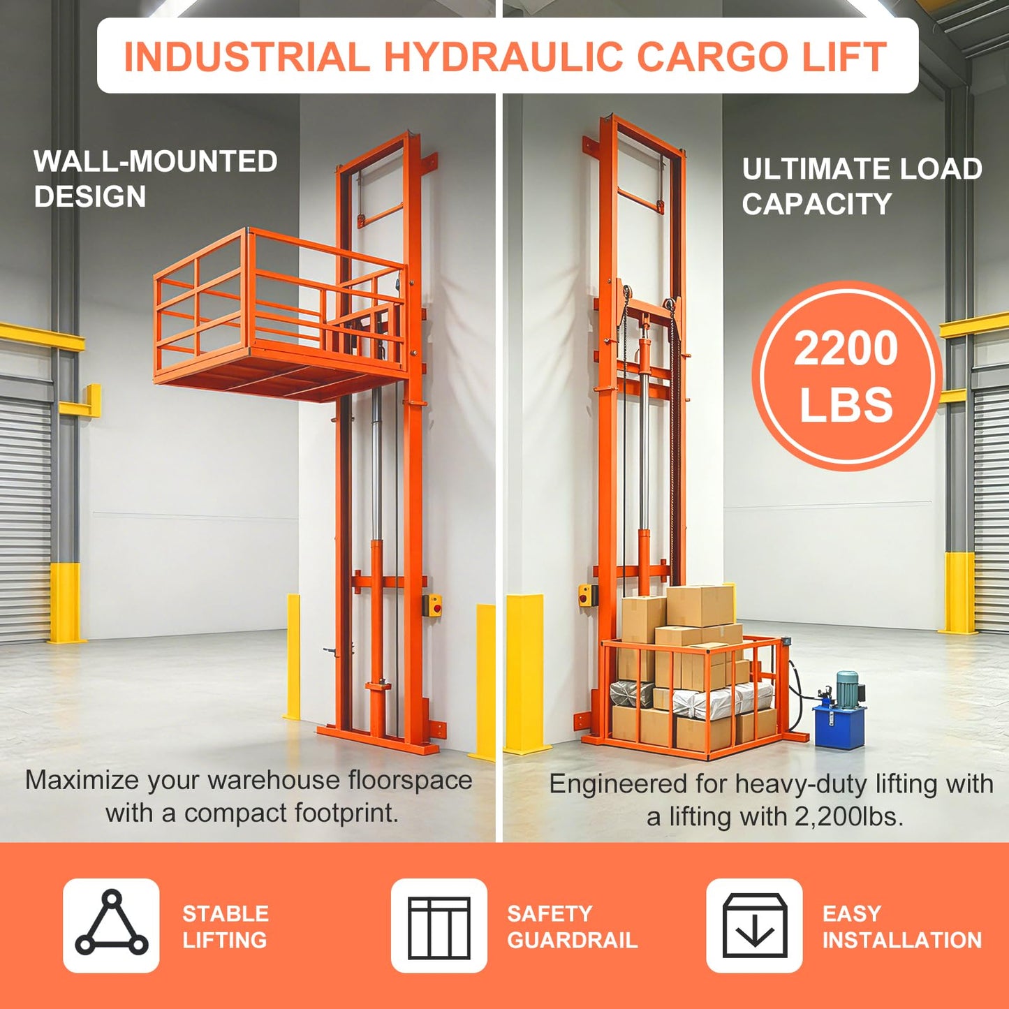 Hydraulic Freight Elevator System, 2200lbs 1-Ton Electric Cargo Lift Platform, Wall-Mounted Rail Guide VRC Mezzanine Hoist with 2500W Pump for Warehouse, Factory, Home Garage (26.2FT Lifting Height)