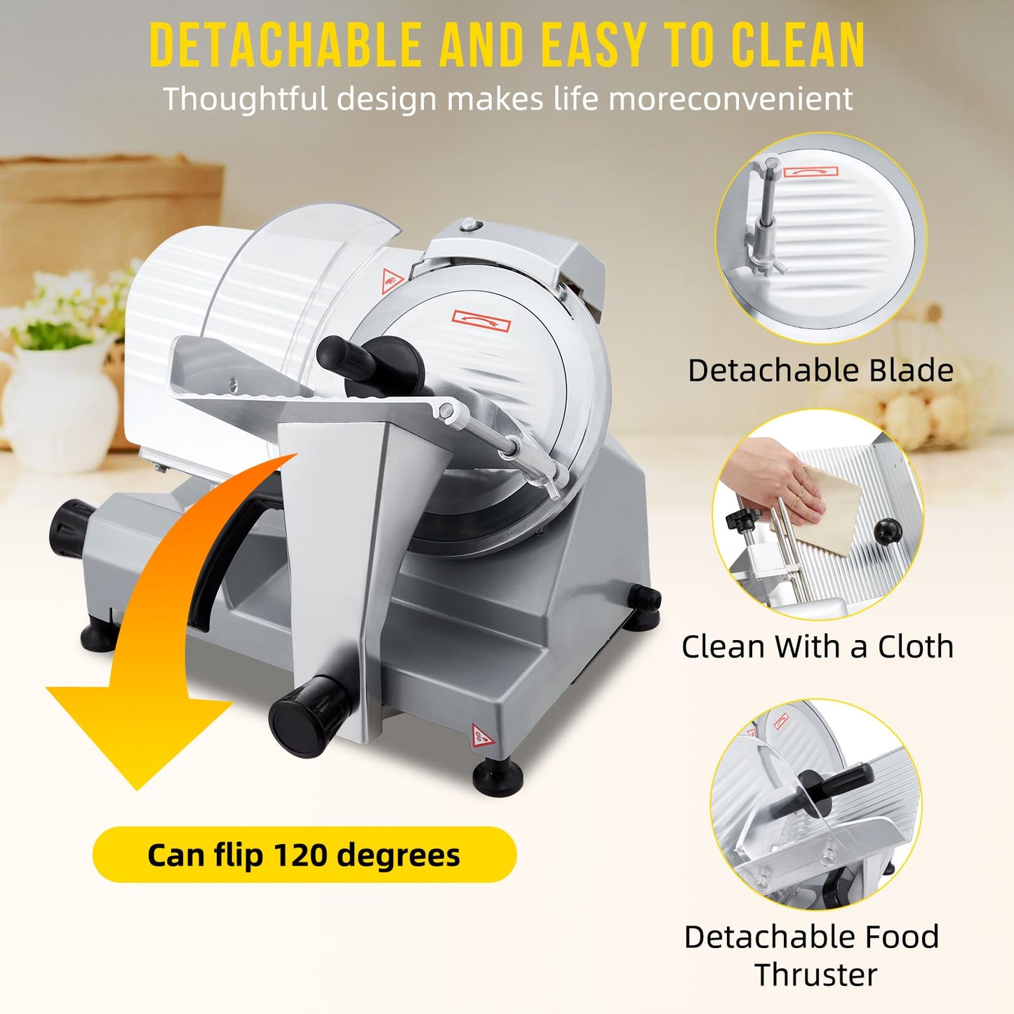 GarveeHome Electric Meat Slicer, 10 in Commercial Meat Slicer with Carbon Steel Blade, Stainless Steel Food Slicer, Meat Cutting Machine 0-0.6 in Adjustable Thickness for Meat Cheese Veggies, 240W