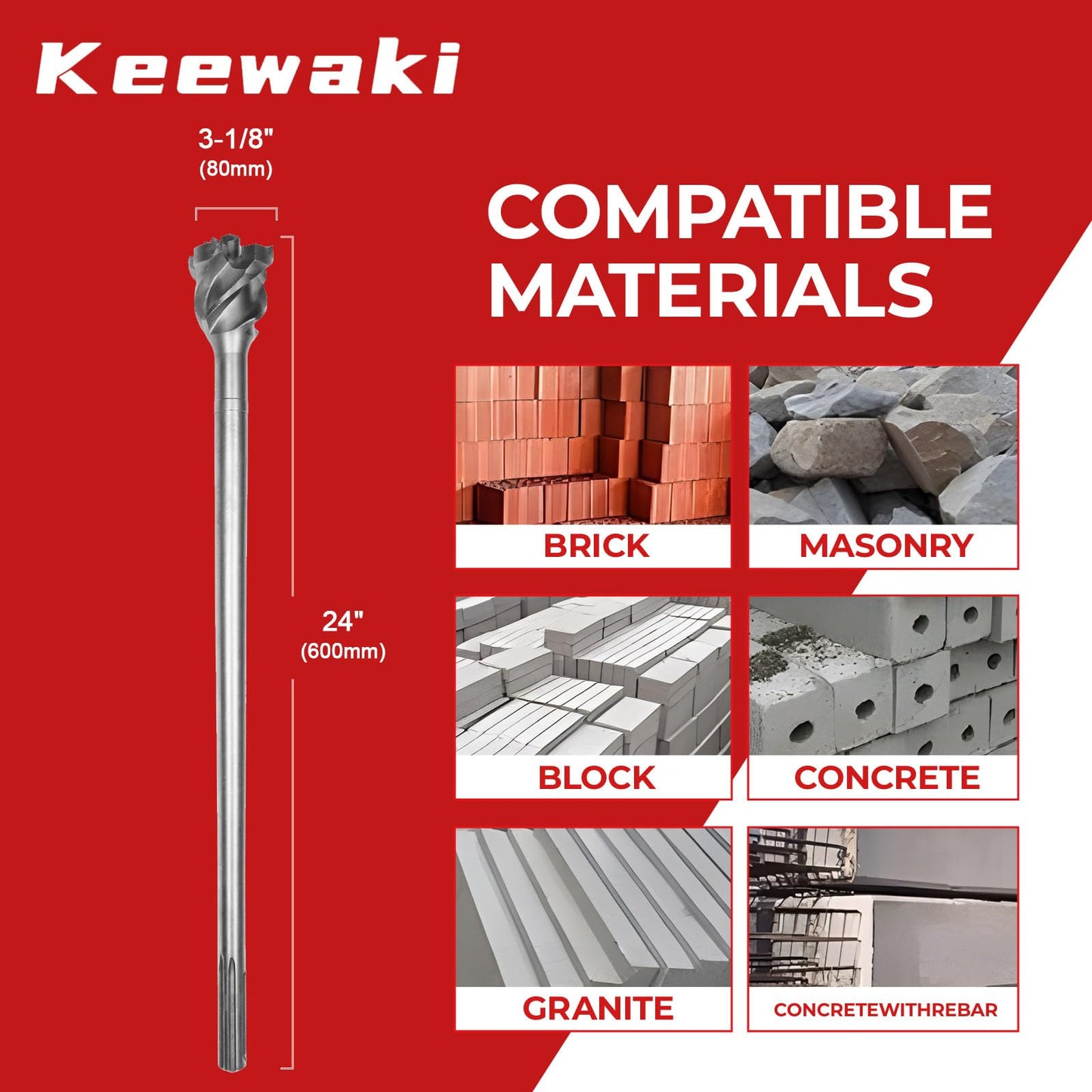 Keewaki Breakthrough Bit – SDS-max Thru-Hole Rotary Hammer Bit, 3-1/8"x24", Heavy-Duty Concrete Core Bit for Masonry and Brick, Includes Storage Tube