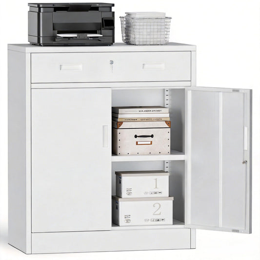 TaskStorz Metal Storage Cabinets with Drawer, 36" H Lockable Storage Cabinet with Doors and Adjustable Shelves, Small White Steel File Cabinet for Home, Office, Warehouse, School, Assembly Required
