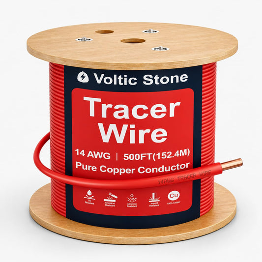 Voltic Stone 14 AWG Red Electrical Conduit Tracer Wire, True Gauge 100% Solid Copper Direct Burial Underground Locating Cable, 30/600V Rated, HDPE Jacket, Corrosion-Resistant for Power Conduit