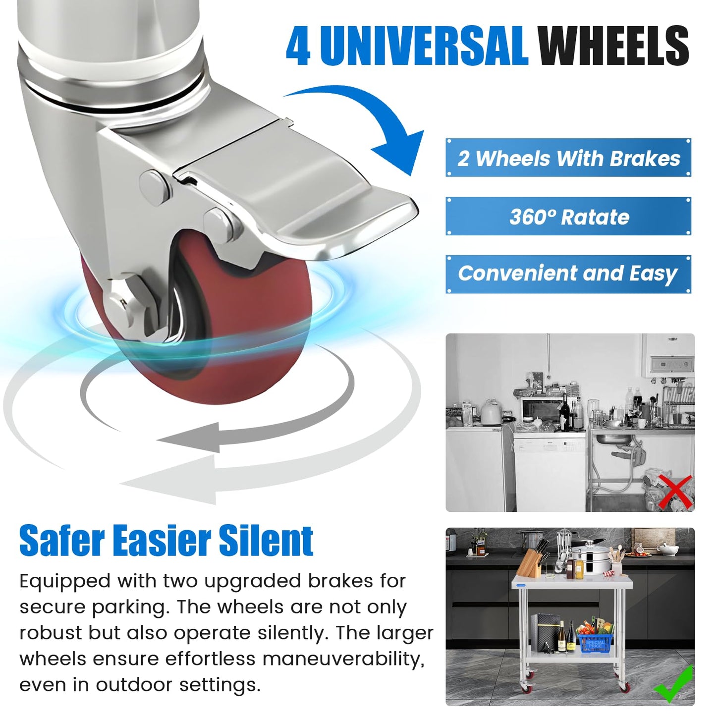 KUARBARR Stainless Steel Table for Prep & Work with 4 Caster Wheels with Adjustable Undershelf 24 x 30 NSF Metal Commercial Kitchen Worktable for Restaurant Home Outdoor
