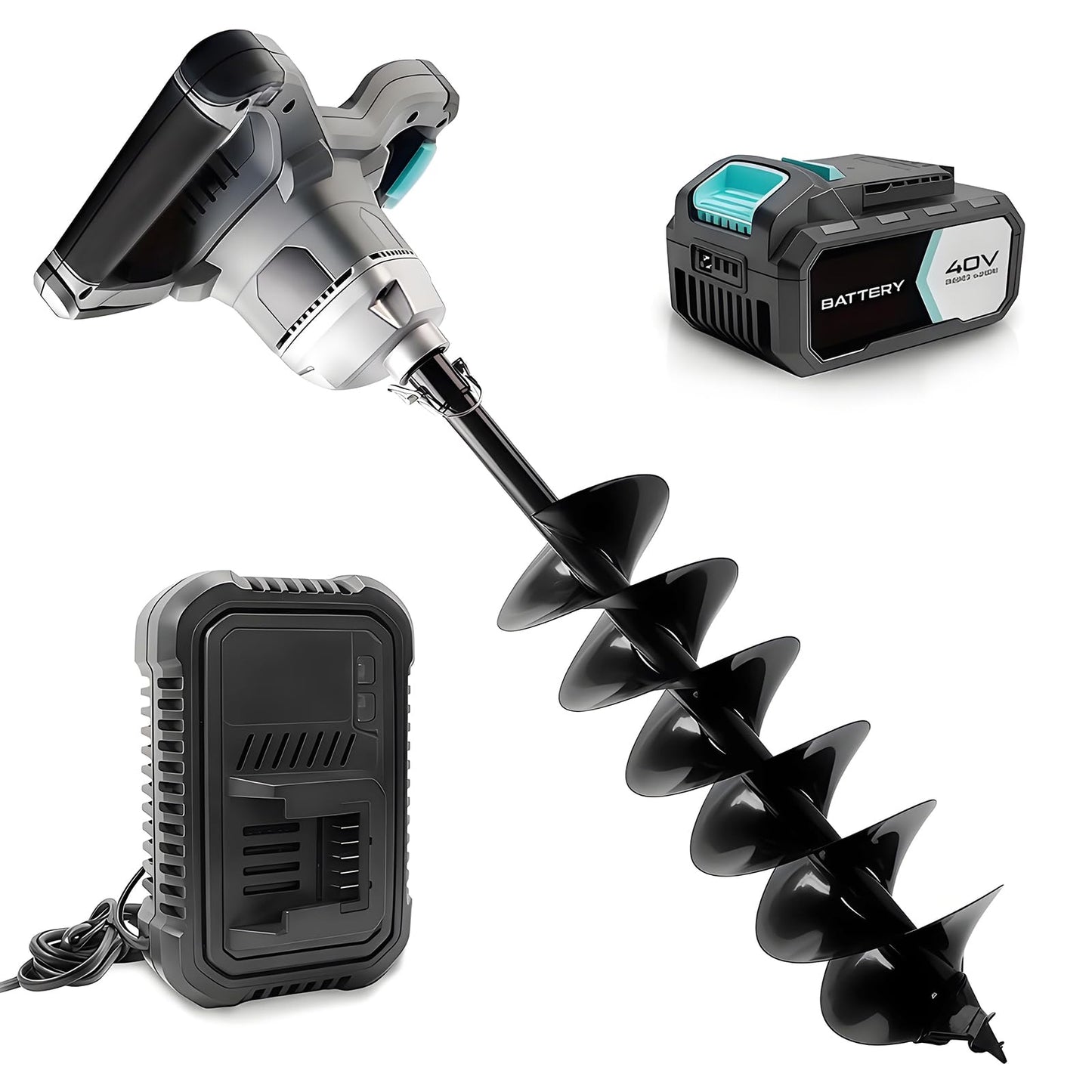 40V Brushless Cordless Earth Auger 6 Inch Post Hole Digger w/ 2,5AH Battery, 4A Charger, Led Work Light，Forward & Reverse Direction