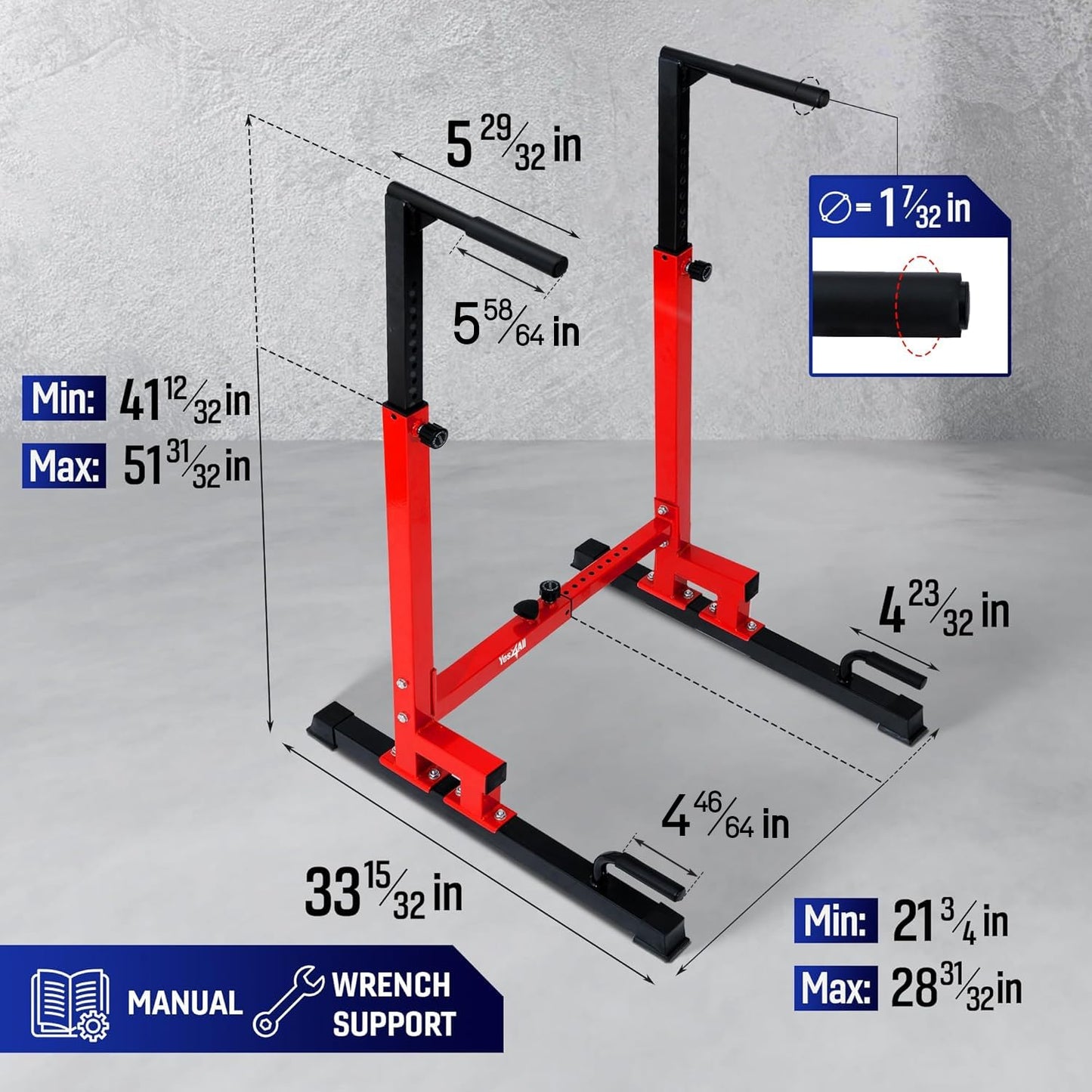 Yes4All Dip Stand 500 LBS Capacity, 80 Levels Adjustable Dip Bars, Dip Station Machine for Home Gym - Red & Black