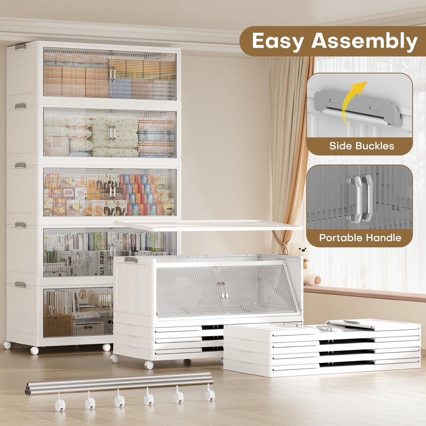 HOCRYPTA 300Gal Extra Large Foldable Storage Organizer with Lid, 1200QT Stackable Plastic Storage Bins with Clear Magnetic Doors & Wheels, for Bedroom Garage Closet Kitchen Dorm Home,5‑Pack