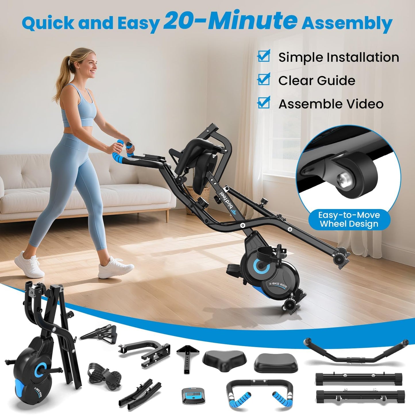 Birdfeel Foldable Exercise Bike, Multifunctional Indoor Stationary Bikes for Home with 8-Level Magnetic Resistance, Quiet Workout Bike with Arm Resistance Bands, LCD Monitor, 300LBS Capacity (Midnight Black)