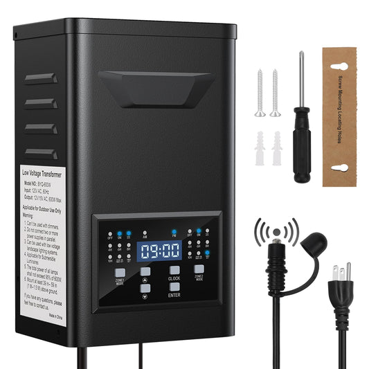 LoyeeBlis 300W Low Voltage Landscape Transformer, 2 Zone Independent Timer & Photocell for Landscape Lighting, 120V to 12V/14VAC, Stainless Steel Weatherproof for Outdoor Landscape Lights,Yard, Garden