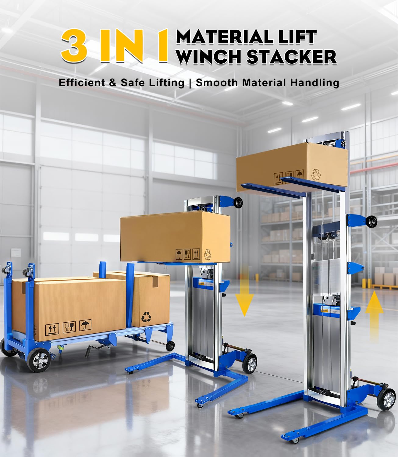 Material Lift Winch Stacker 440 lbs 122" Lift Height, Adjustable Straddle Hand Winch Lift Truck, Material Lifts for Warehouse Factory Library Logistics
