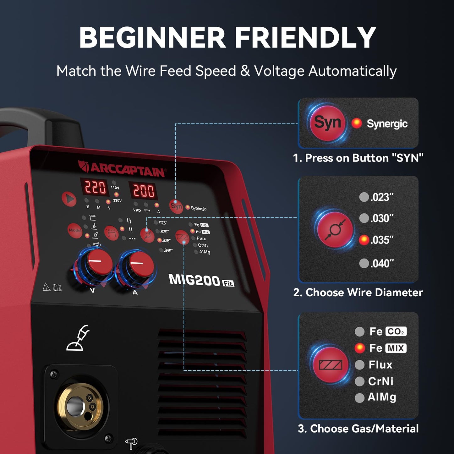ARCCAPTAIN 6-in-1 Aluminum MIG Welder 200A & MB15 15AK MIG Welding Gun Kit